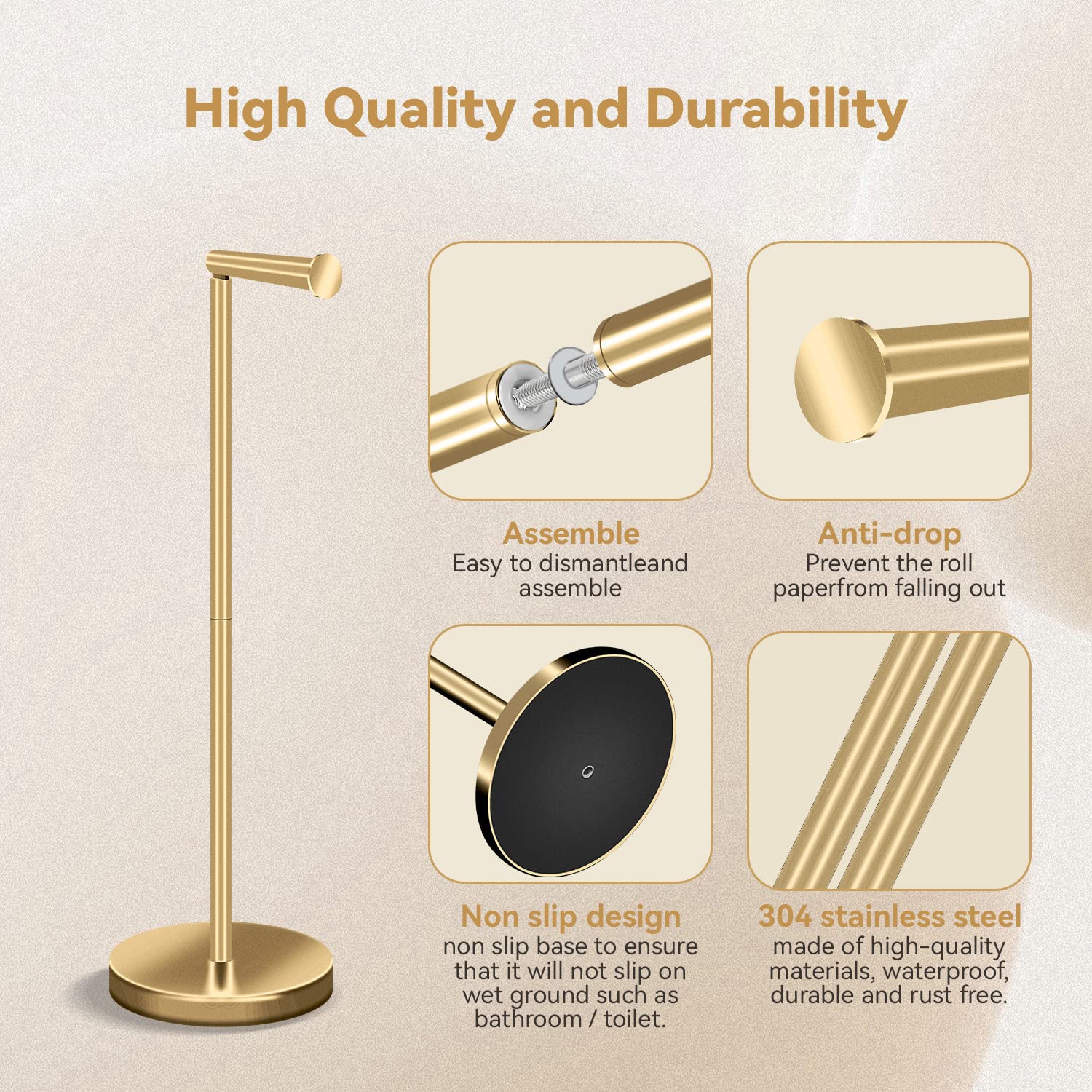 RRM Free Standing Toilet Paper Holder Stand - 22-Inch Stainless Steel Bathroom Tissue Dispenser with Reserve Storage for 3-4 Rolls (Golden) - Perfect for Home, Office & Guest Bathrooms