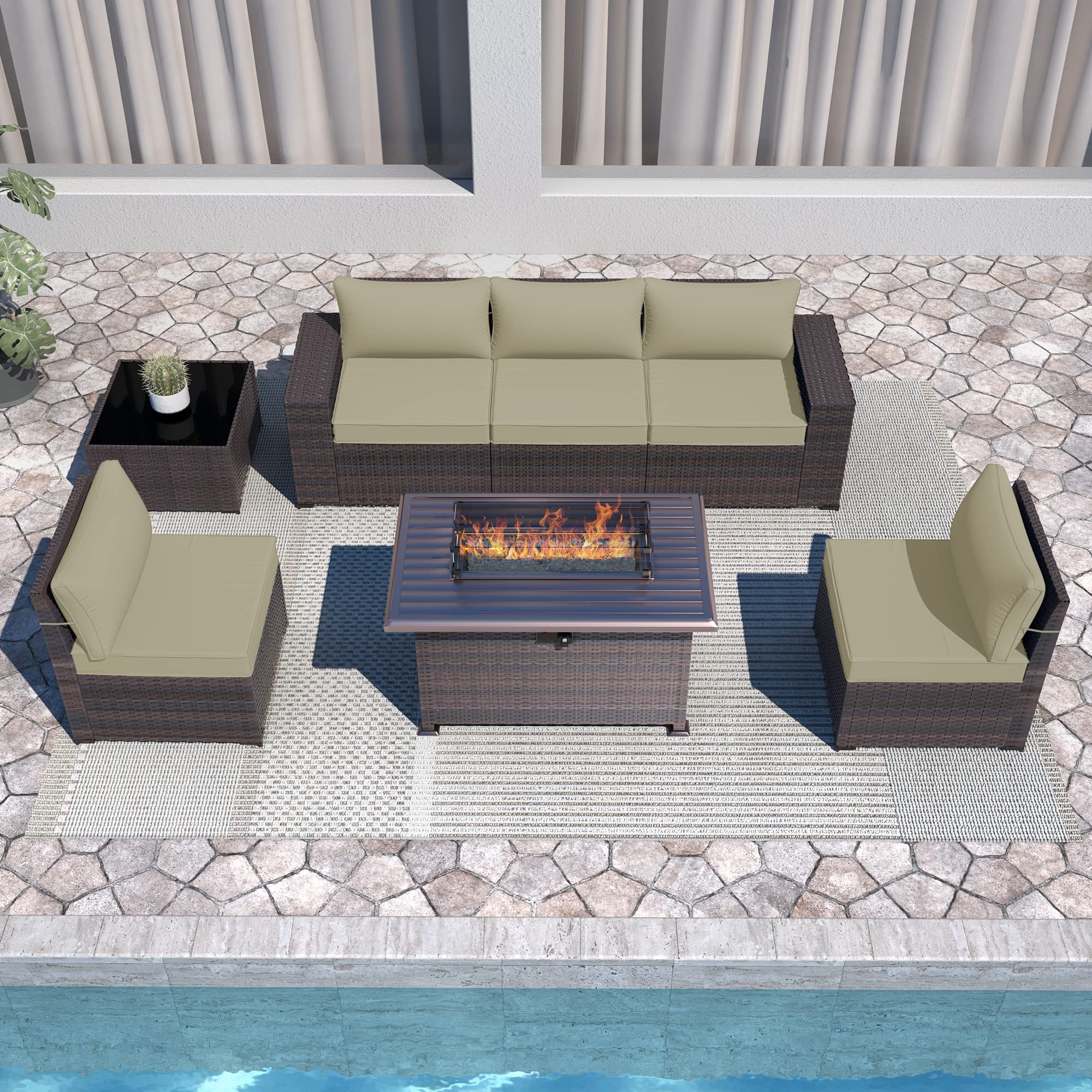 **Halmuz 7-Piece Patio Furniture Set with Gas Fire Pit Table - PE Wicker Outdoor Sofa Conversation Set, Propane Fire Pit (Cream) - Perfect for Backyard, Garden, and Poolside Relaxation**