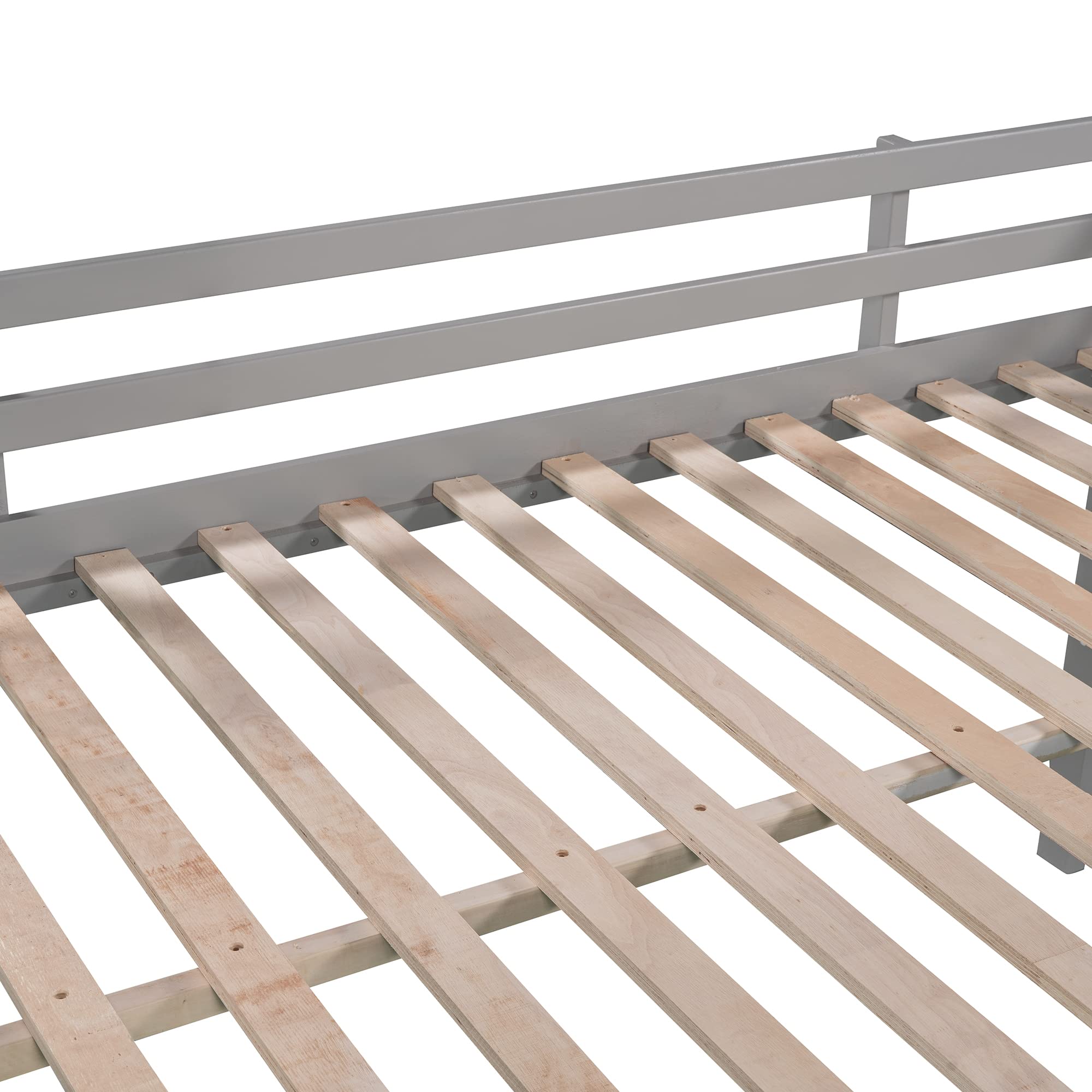 LostCat Full Loft Bed with Slide & Ladder - Low Profile Wooden Loft Bed for Kids, Teens & Adults - Sturdy Safety Guardrails - No Box Spring Needed (Grey) - Perfect for Small Bedrooms, Dorm Rooms & Kids' Play Areas