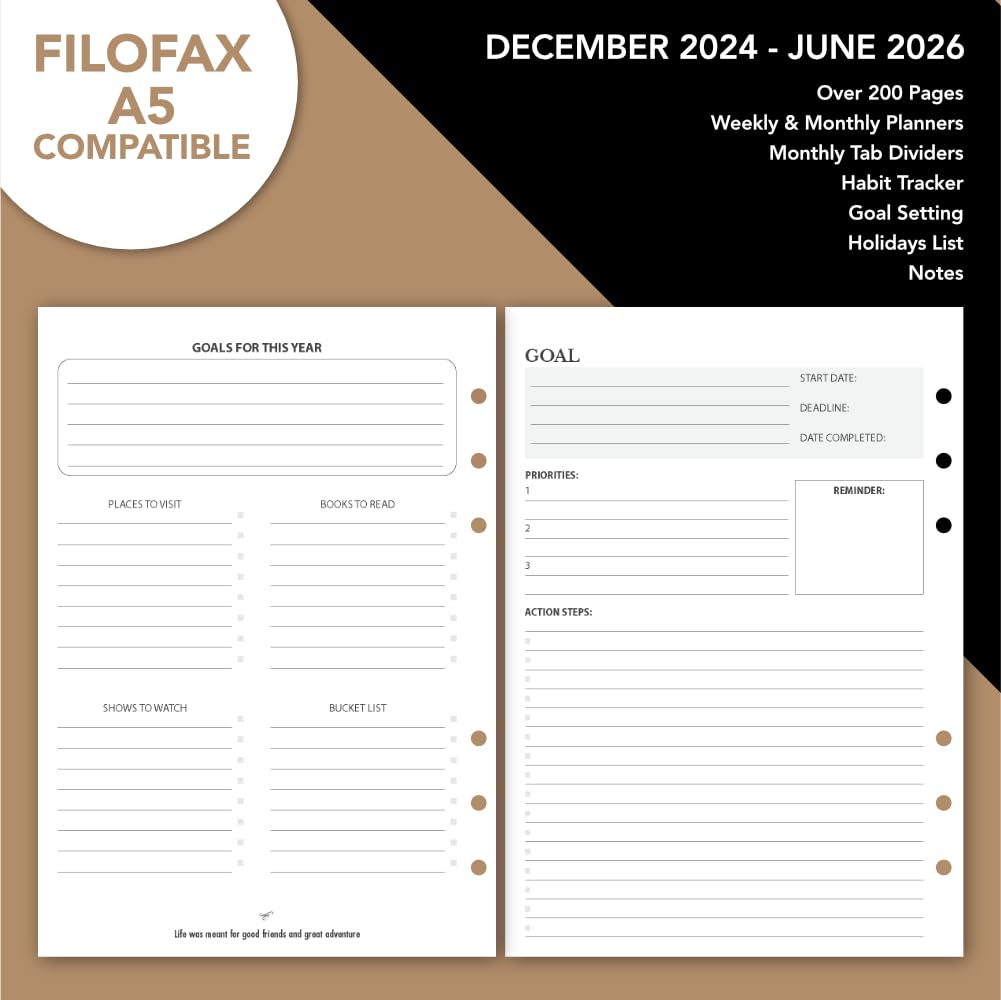 Wanderings 2025-2026 Monthly Weekly Planner Refill Inserts - Ivory A5 6-Ring Binder Calendar for Filofax (8.25
