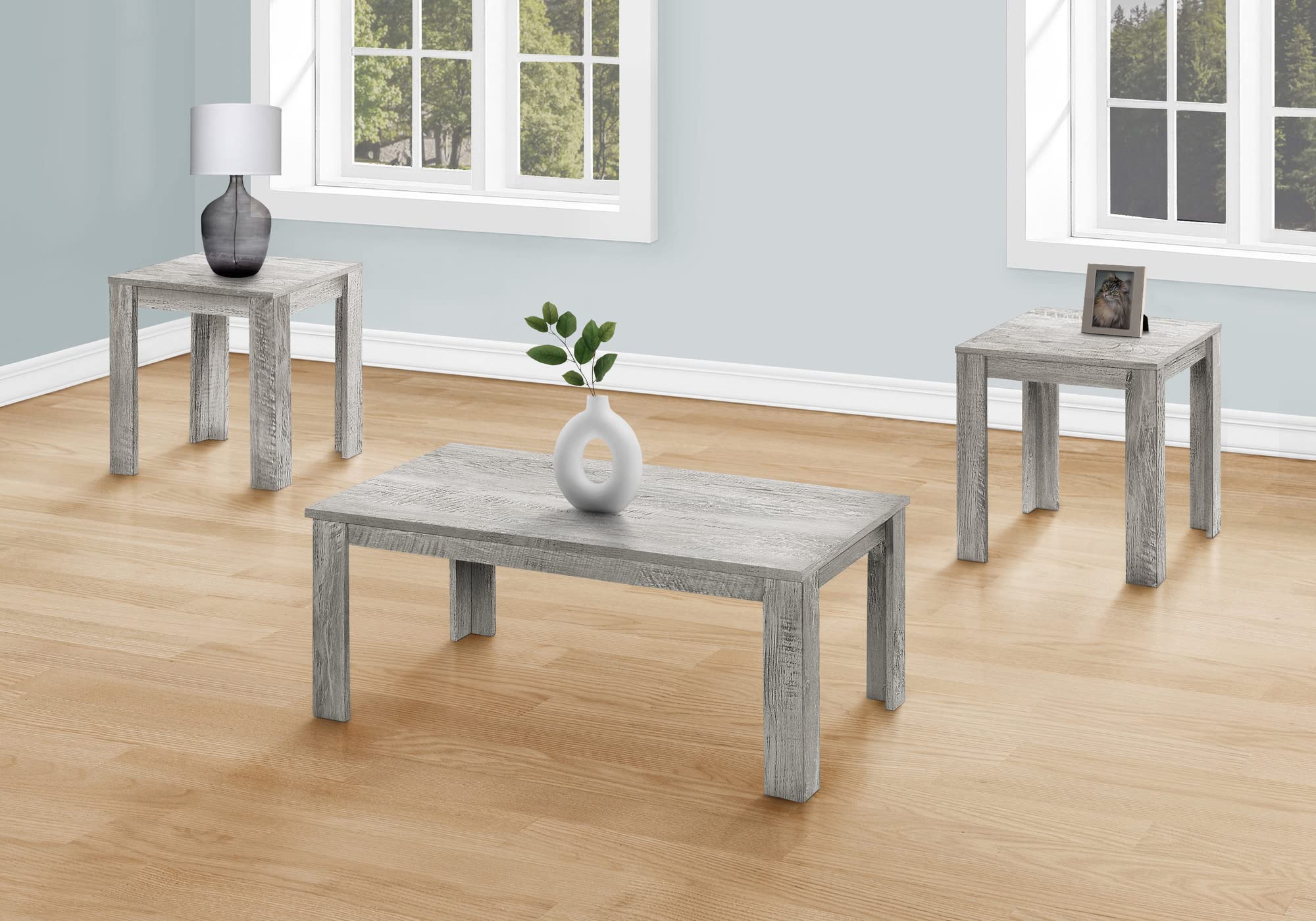 Monarch Specialties I 7860P 3-Piece Coffee Table Set - Grey Laminate End & Side Tables for Living Room - Transitional Style Accent Furniture for Home Decor & Entertainment Areas