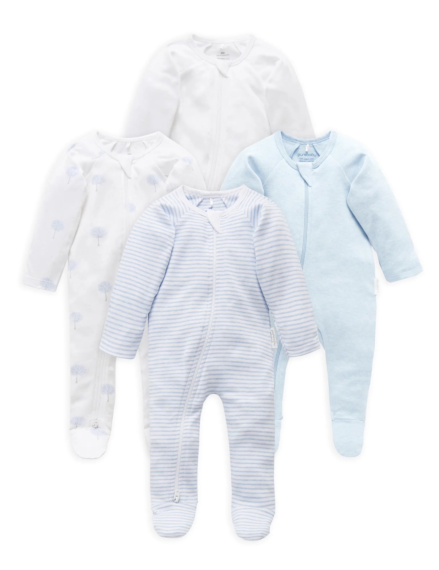 Purebaby Organic Cotton Zip Growsuit 4-Pack - Soft Baby Sleepwear for Boys & Girls - Perfect for Nursery, Daycare & Playtime