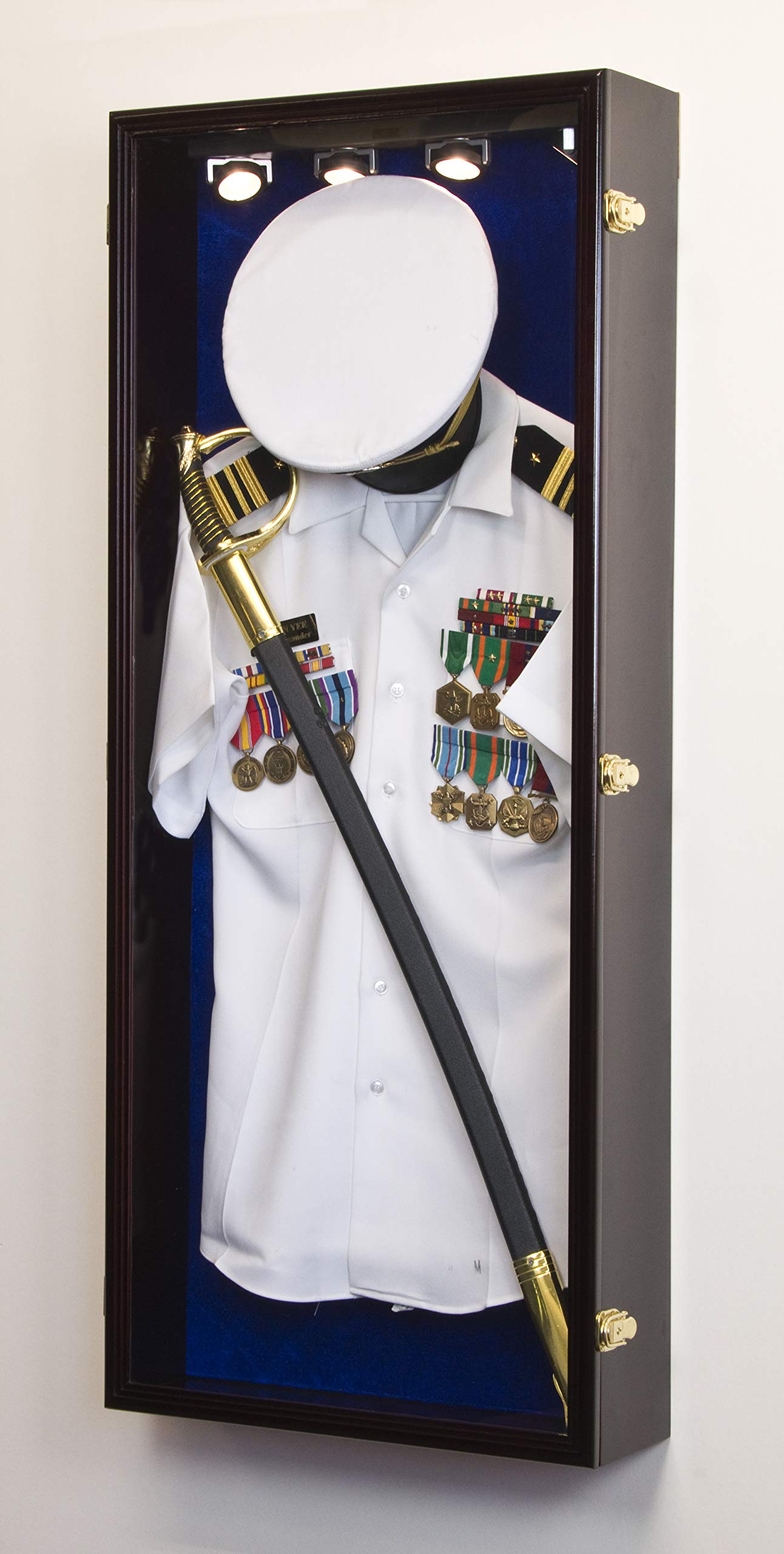 Military Shadow Box Display Case for Uniform, Cap, Hat, Sword & Medals - Lockable Wall Cabinet Frame with Cherry Finish, LED Light & Blue Felt Background | Perfect for Veterans, Collectors & Home Decor
