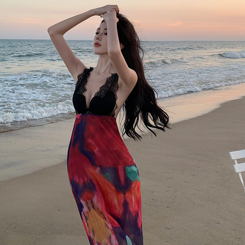 2025 New Pure Desire Vacation Style Lace Splicing Sexy V-Neck Backless Dress - High Waist Suspender Dress for Beach Party, Date Night & Summer Outfits