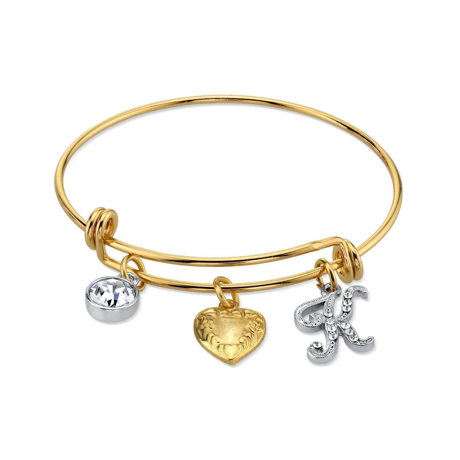 1928 Gold Heart Initial Crystal Charm Bangle Bracelet for Women - Personalized Name Jewelry Gift for Her - Perfect for Valentine's Day, Anniversary & Special Occasions