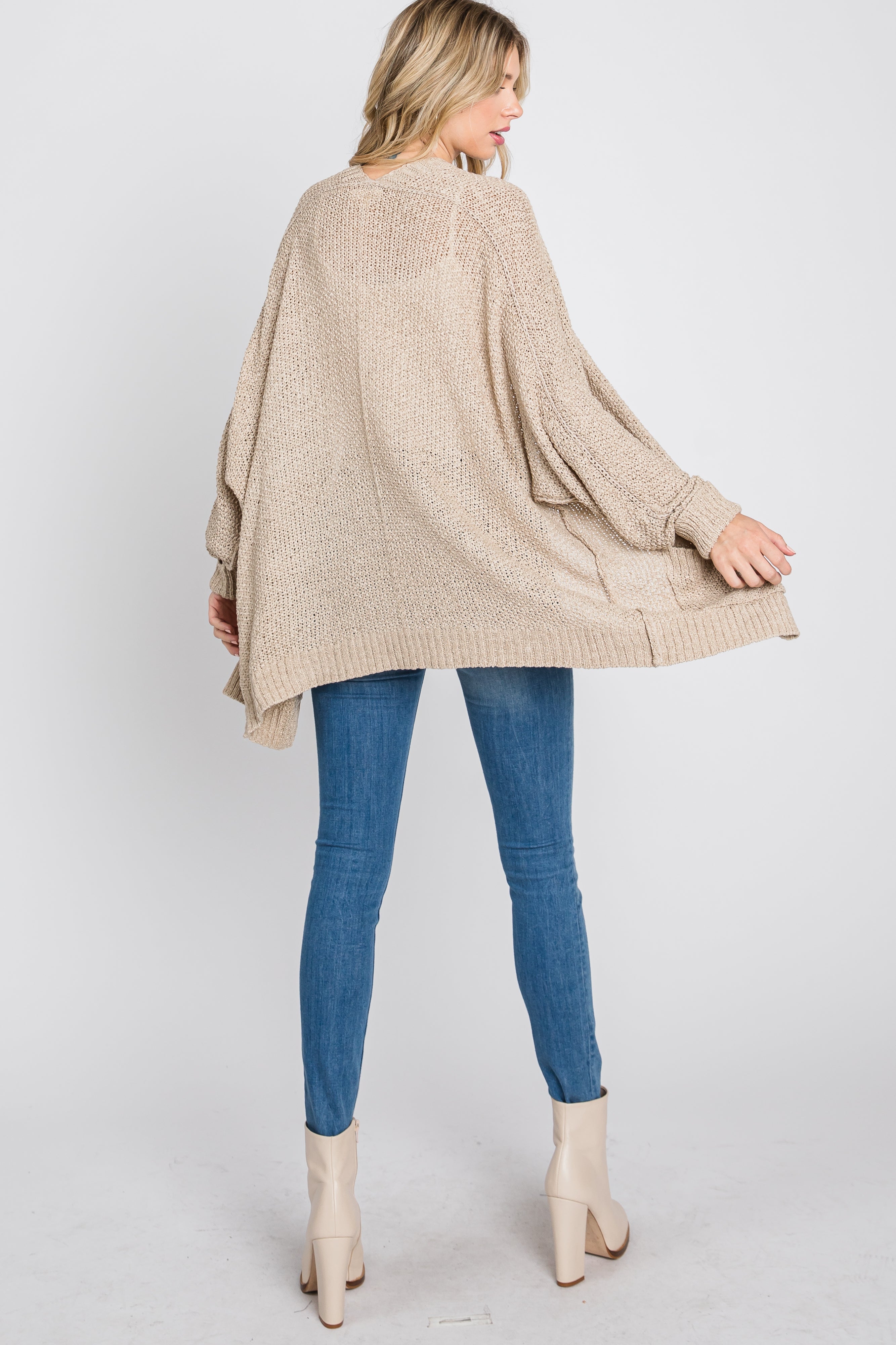 Beige Cuff Sleeve Cardigan for Women - Soft Knit Open Front Long Sweater - Cozy Fall & Winter Layering Piece for Office, Date Night or Casual Outfits