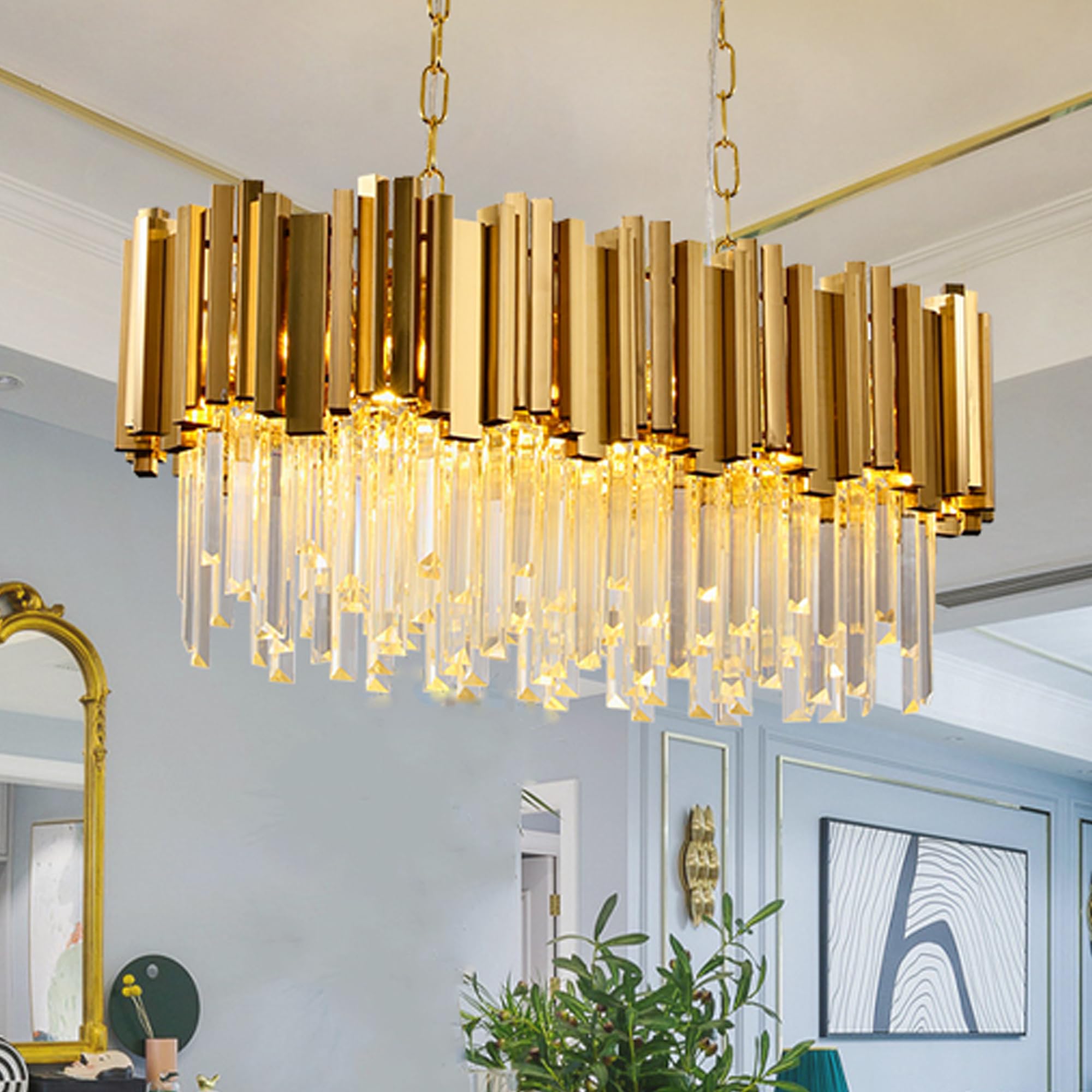 WABON Modern Crystal Chandelier - Gold Raindrop Rectangle Ceiling Light Fixture for Living Room, Dining Room & Kitchen Island | Antique Gold Finish | Elegant Lighting for Home Decor, Wedding Venues & Luxury Spaces