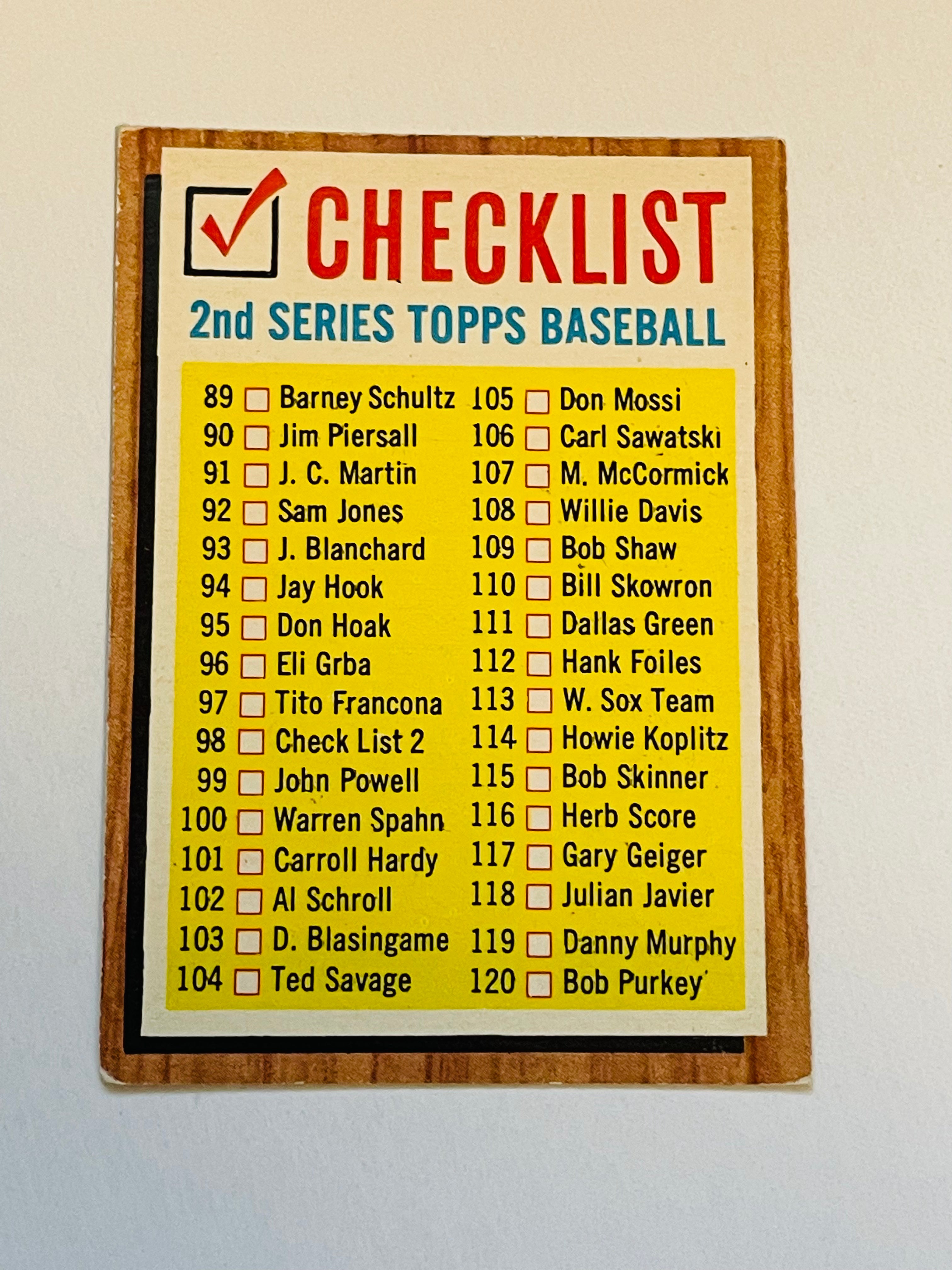 1962 2nd Series Rare Unmarked Baseball Checklist - Vintage Baseball Cards Collector's Item for Display & Investment