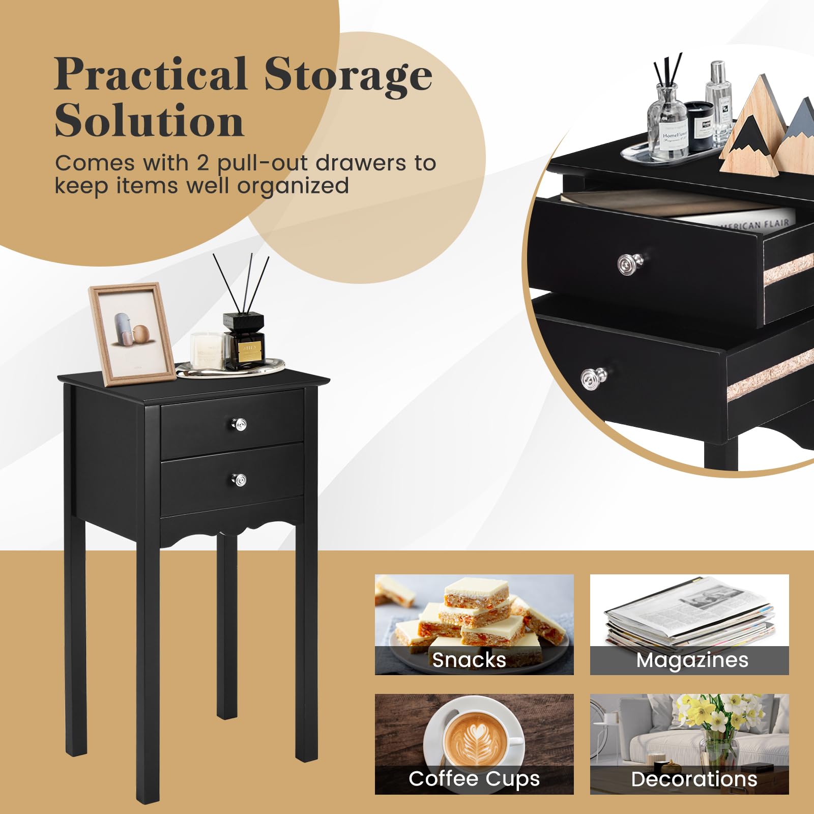 Giantex 2-Piece Set Black End Tables with 2 Drawers - Multi-Functional Nightstand, Side Table for Living Room, Bedroom & Home Decor - Perfect for Small Spaces, Storage & Accent Furniture