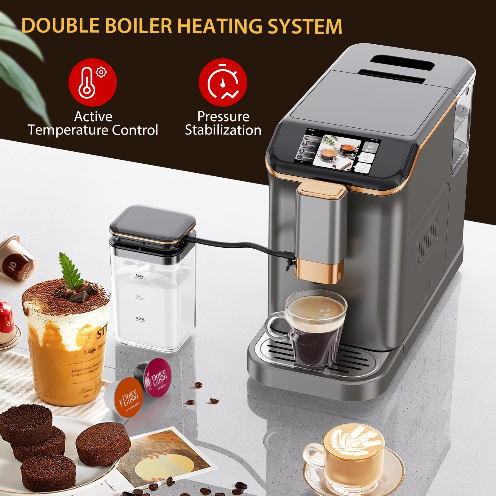 Fully Automatic Espresso Machine with 20 Bar Pressure, Milk Frother & 7 Coffee Options - Touch Screen Coffee Maker with Self-Cleaning for Cappuccino, Latte, Espresso - Perfect for Home, Office & Cafe Use