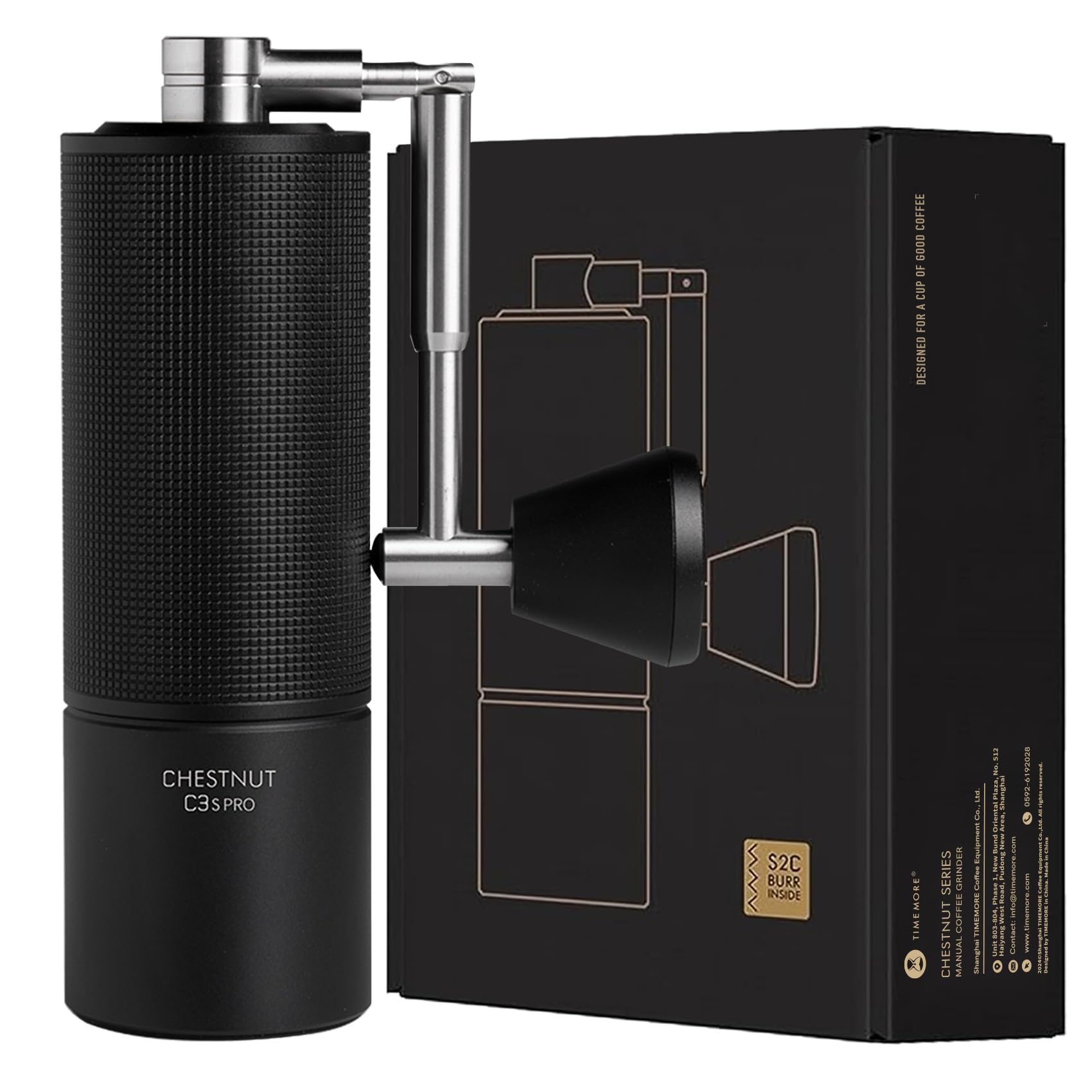 TIMEMORE Chestnut C3S Pro Manual Coffee Grinder - Premium Stainless Steel S2C Conical Burr, Portable Hand Coffee Mill with Foldable Handle & Adjustable Grind Settings - Perfect for Espresso, French Press, Pour Over, Travel, Camping & Home Use - Black