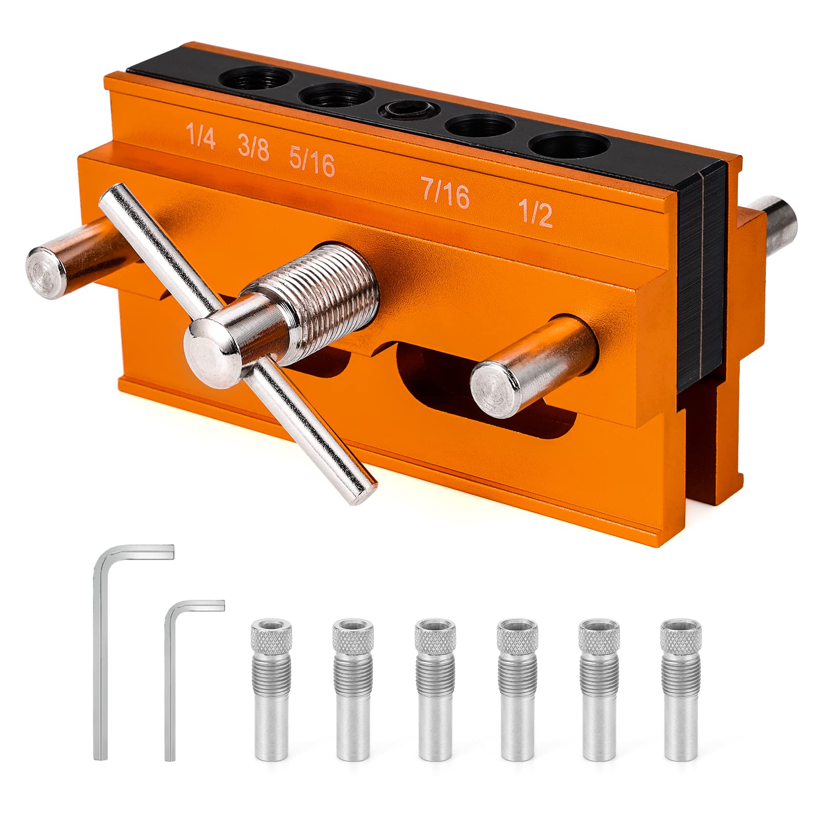 SLIIMU Self Centering Dowel Jig Kit - 6 Drill Sleeves, Inch Woodworking Drill Guide for Straight Holes, Portable Drill Block for Wood Dowels (Orange) - Perfect for Cabinet Making, Furniture Repair & DIY Woodworking Projects