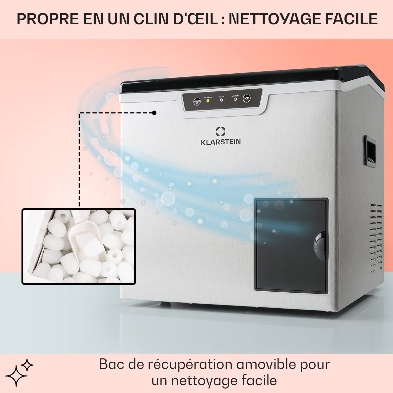 Klarstein 3L Ice Maker Machine for Home - Fast Crushed or Ball Ice Production up to 20kg - Self-Cleaning with Safety Alarm - Perfect for Cocktails, Parties & Kitchen Use