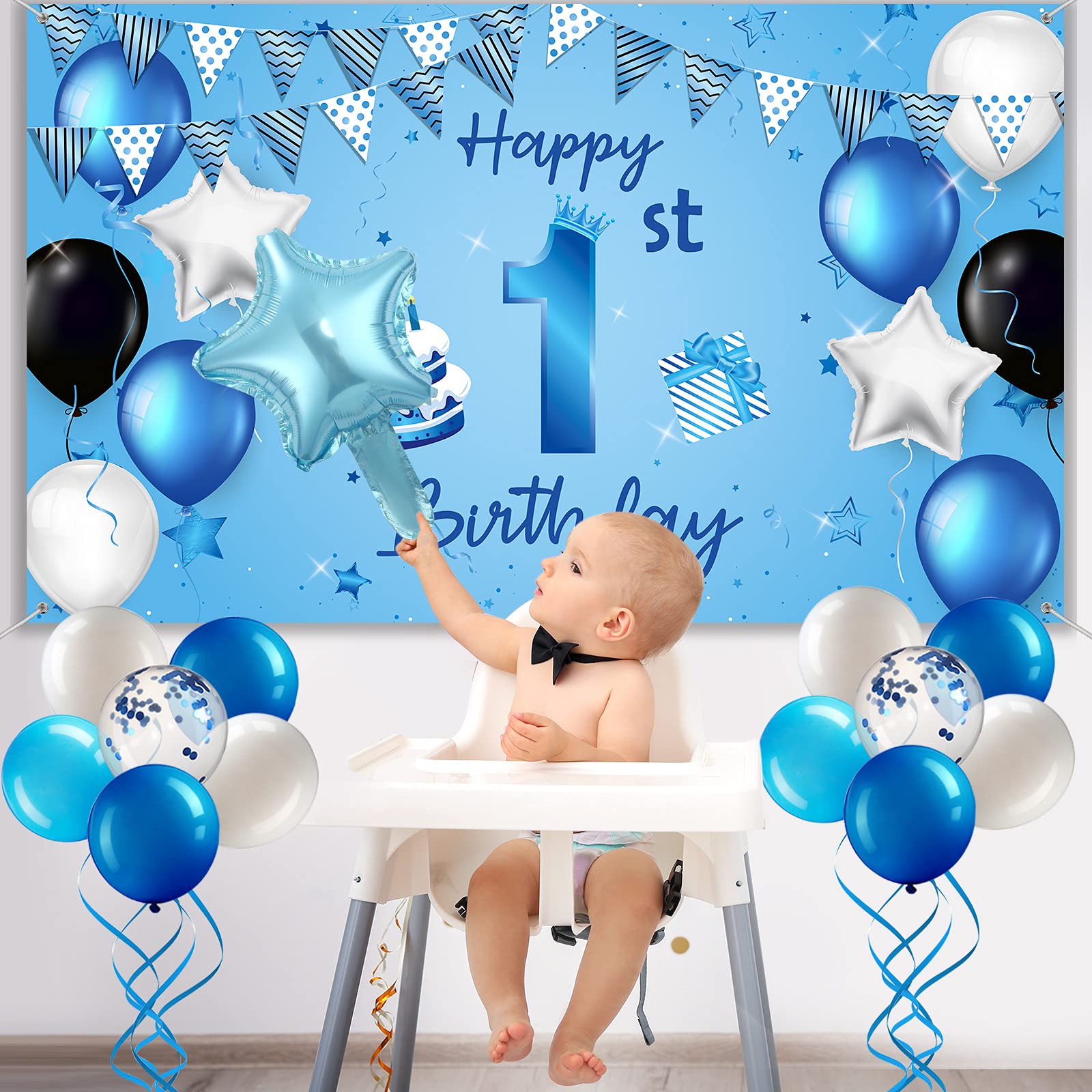 88 Pcs Blue Baby Boy 1st Birthday Party Decorations Set - Backdrop, Banner, Foil Star Balloons for First Birthday Party & Baby Shower Decor | Perfect for Cake Smash Photo Shoot & Nursery Room Decoration