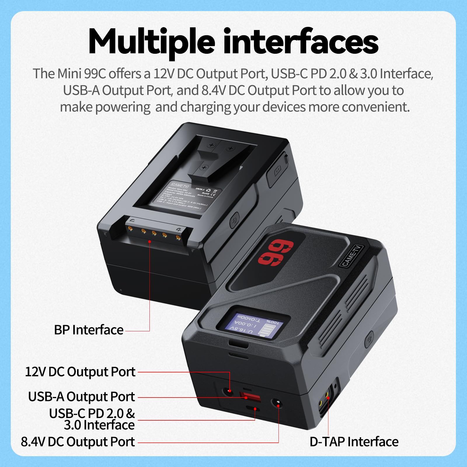 Came TV V Mount Battery Mini 99C 99Wh V Lock Battery with 65W PD USB-C Fast Charging | 1.5H Charge Time | D-Tap/USB-A/BP/DC Ports | OLED Screen | 6900mAh for DSLR Camera, Video Light & LED Panel - Perfect for Film Production, Photography & On-Location Shooting