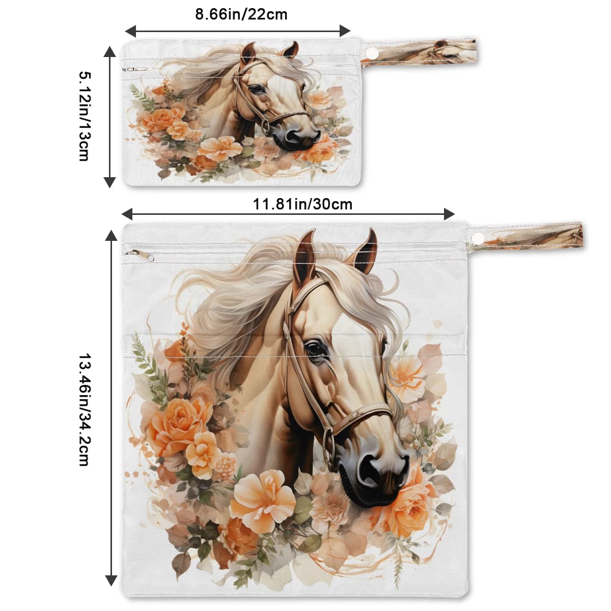 Waterproof Floral Horse Wet Dry Bag 2-Pack - Reusable Travel Laundry Bag, Swimsuit Storage & Cloth Diaper Organizer for Beach, Pool, Gym, Yoga - Ideal for Swimming, Sports & Baby Care