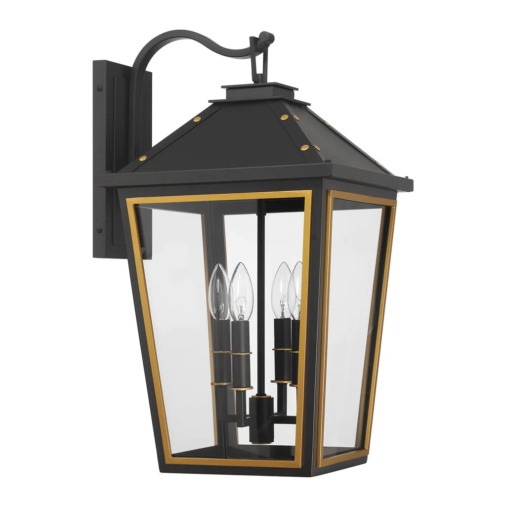 Hawkins 4-Light Outdoor Wall Sconce - 12x22.5 Inch Matte Black Stainless Steel with Textured Gold Finish & Glass Shade - 120V E12 Candelabra Base LED Bulb Compatible - Perfect for Patio, Garden, Porch, Exterior Walls & Entryway Lighting