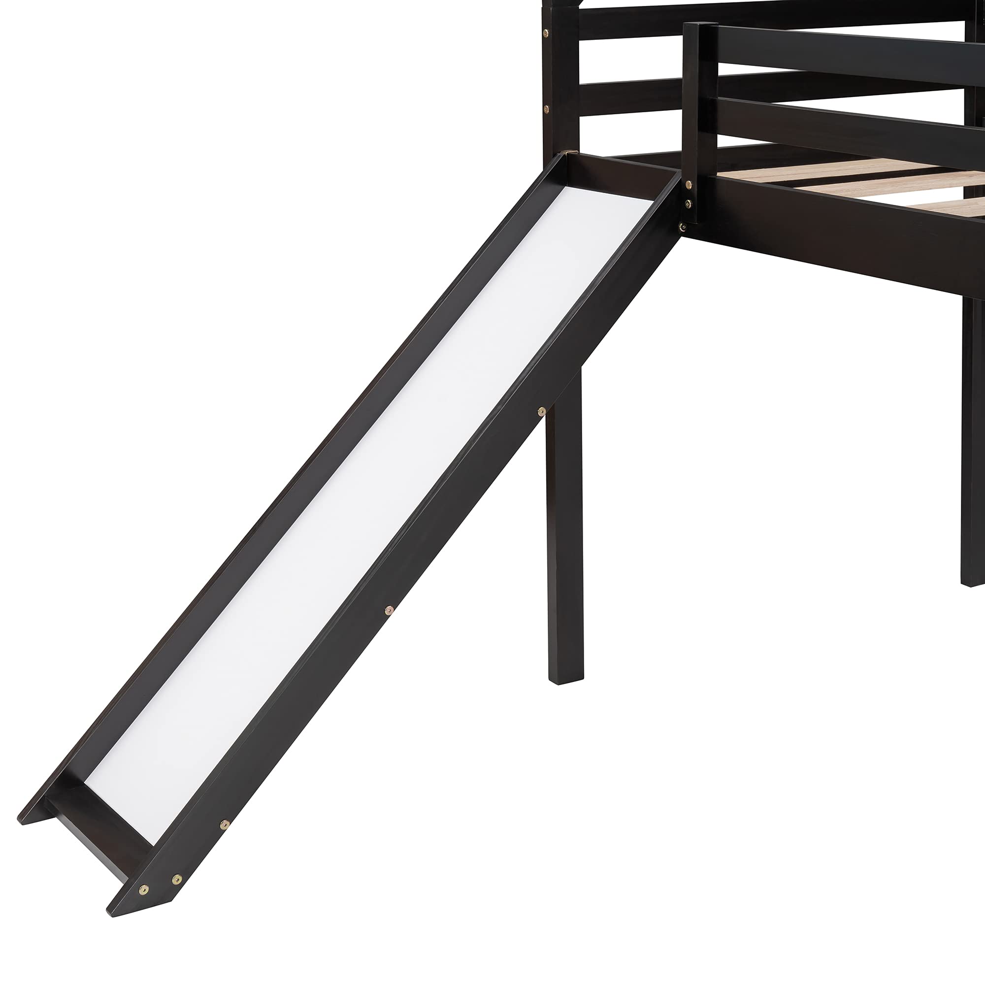 Twin Size Loft Bed with Slide - Wooden Space-Saving House Bed Frame for Kids, Play Tent Bed with Roof & Ladder, No Box Spring Needed (Espresso) - Perfect for Small Bedrooms, Playrooms & Kids' Sleepovers