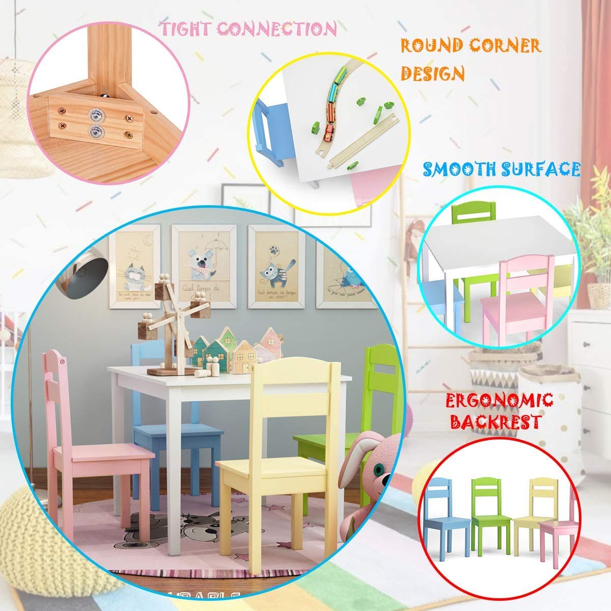 LDAILY Moccha 5-Piece Kids Wooden Table and Chair Set - Colorful Children's Dining Table with 4 Sturdy Backrest Chairs - Perfect for Playroom, Learning Activities, Indoor Picnic & Toddler Mealtime