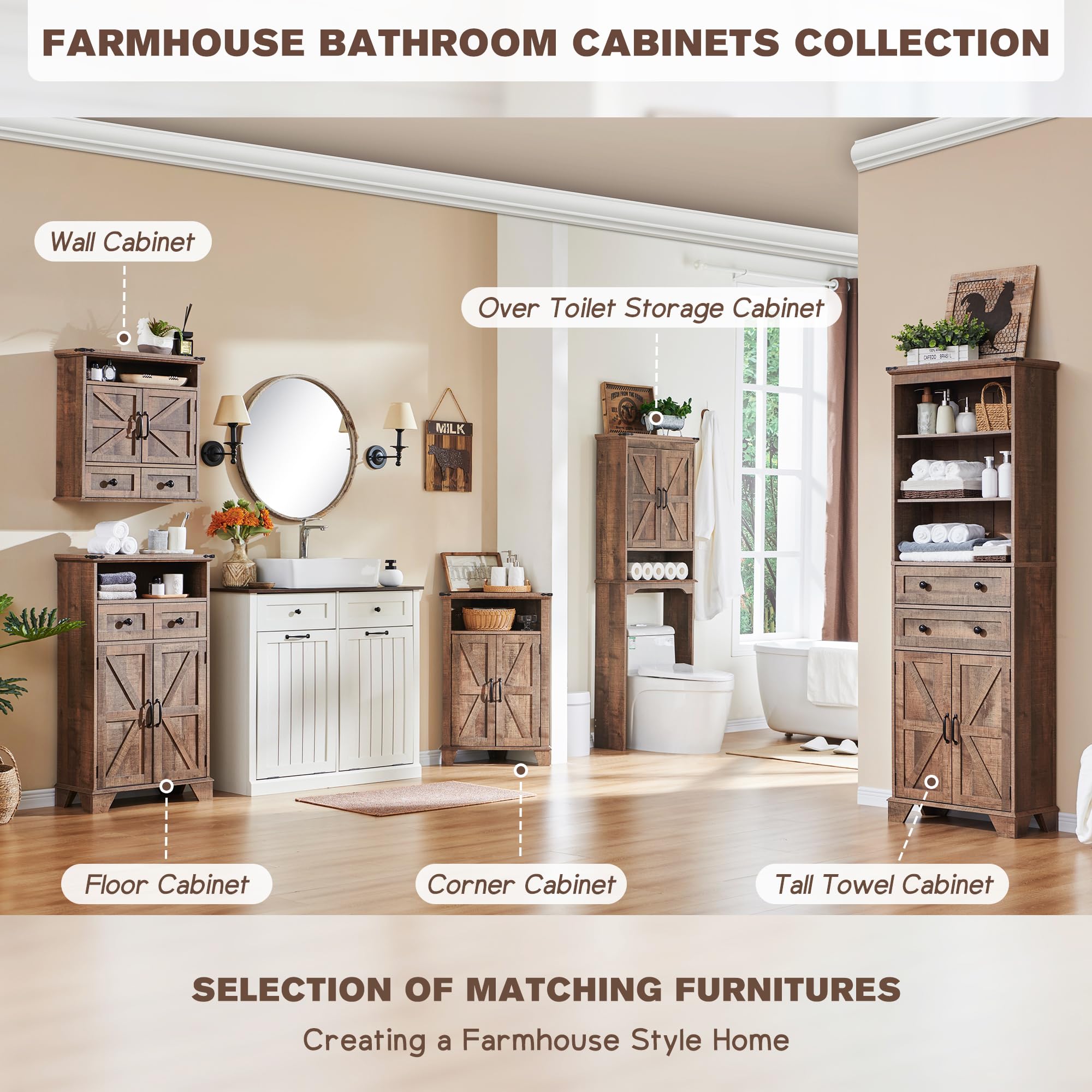Farmhouse Corner Bathroom Cabinet with Barn Door & Adjustable Shelf - Rustic Brown Storage Cabinet for Bathroom, Kitchen, Living Room | Space-Saving Organizer for Small Bathrooms & Cozy Farmhouse Decor