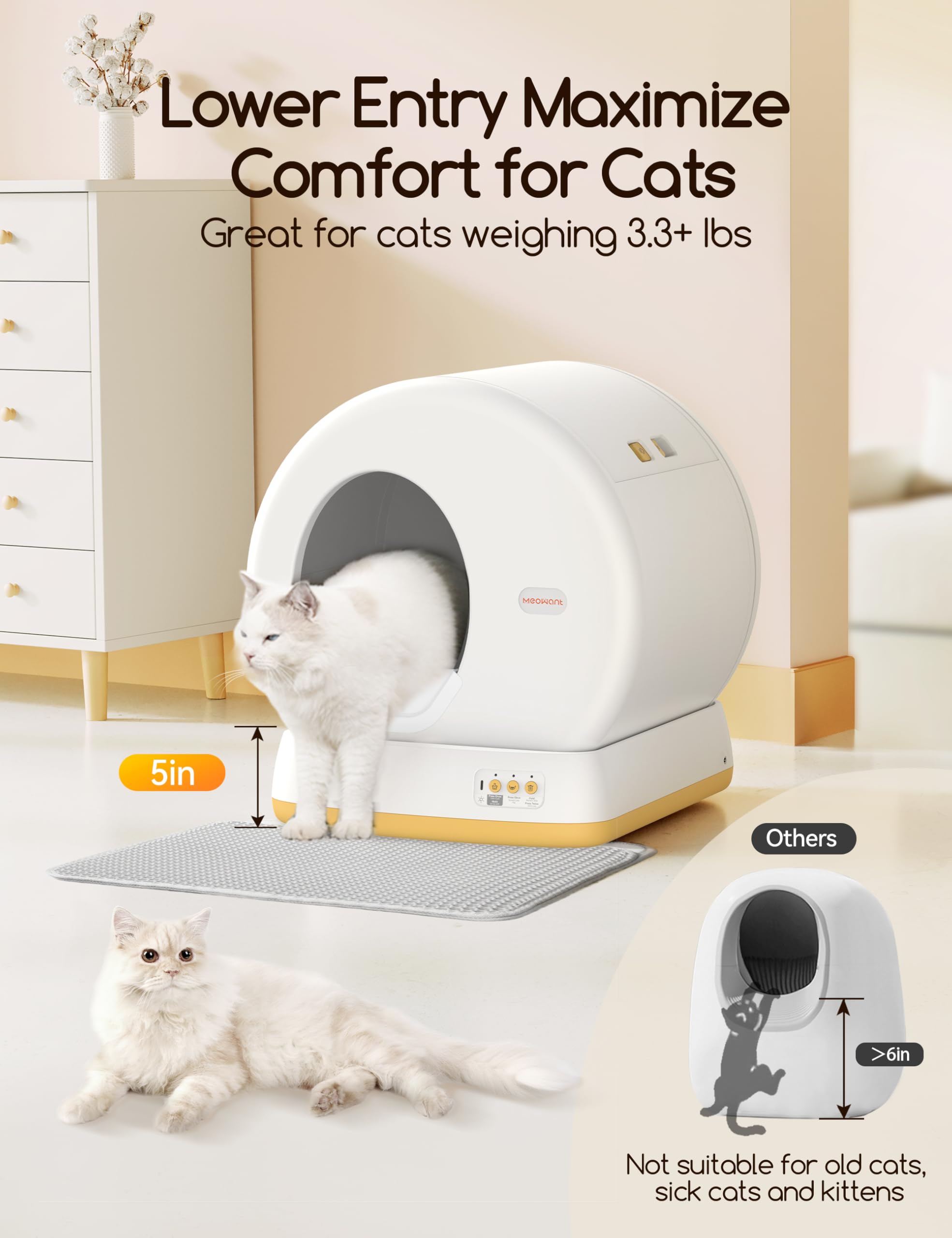 MeoWant Self-Cleaning Cat Litter Box with Odor Control & APP Control - Extra Large Automatic Litter Box for Multiple Cats - Smart Safety System with Mat & Liner (Yellow) - Perfect for Home, Apartment & Pet Owners