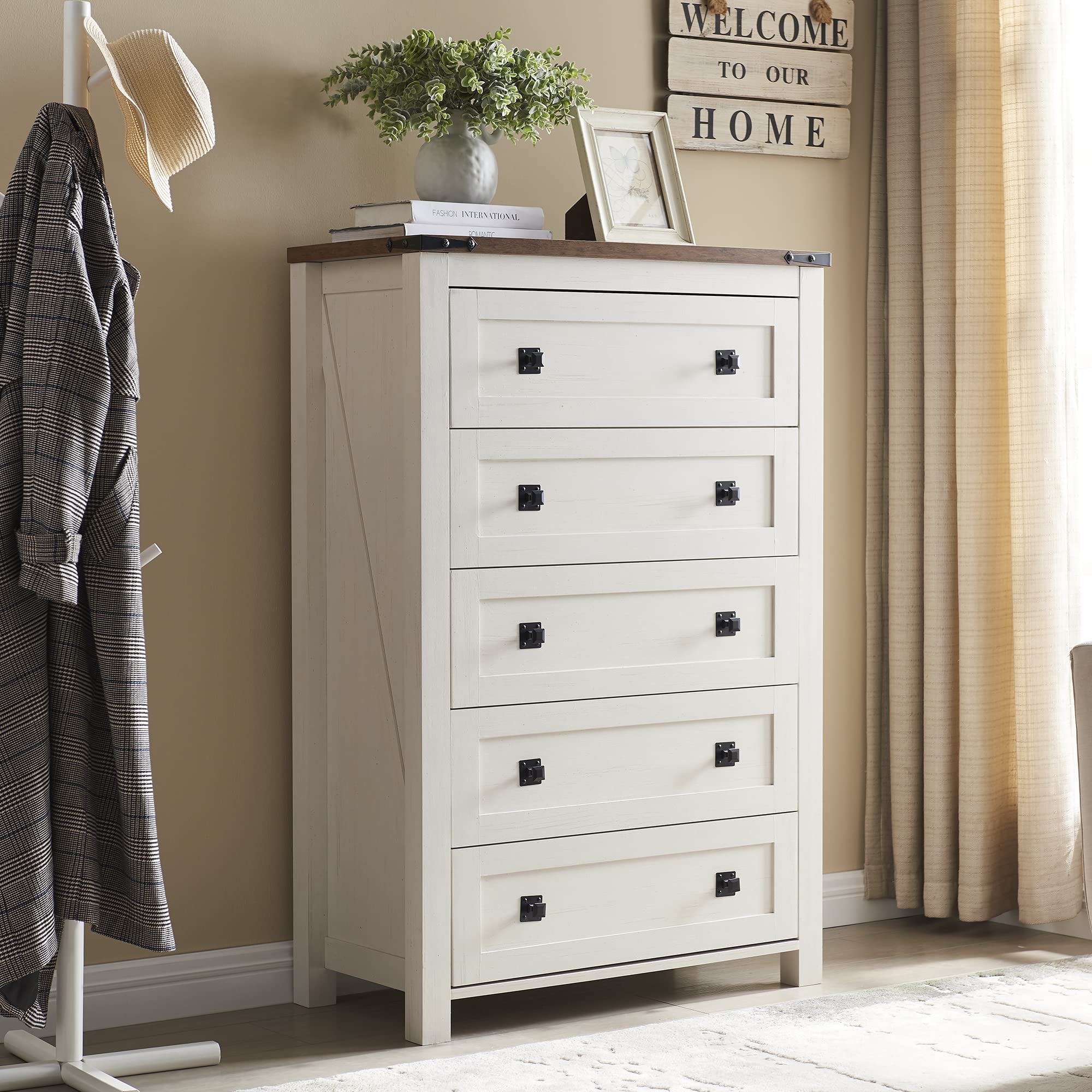 T4TREAM Farmhouse 5-Drawer Dresser Chest - Rustic Wood Tall Chest of Drawers for Bedroom Storage - Antique White Dresser Organizer for Bedroom, Living Room & Hallway - Perfect for Home Decor, Guest Rooms & Closet Organization