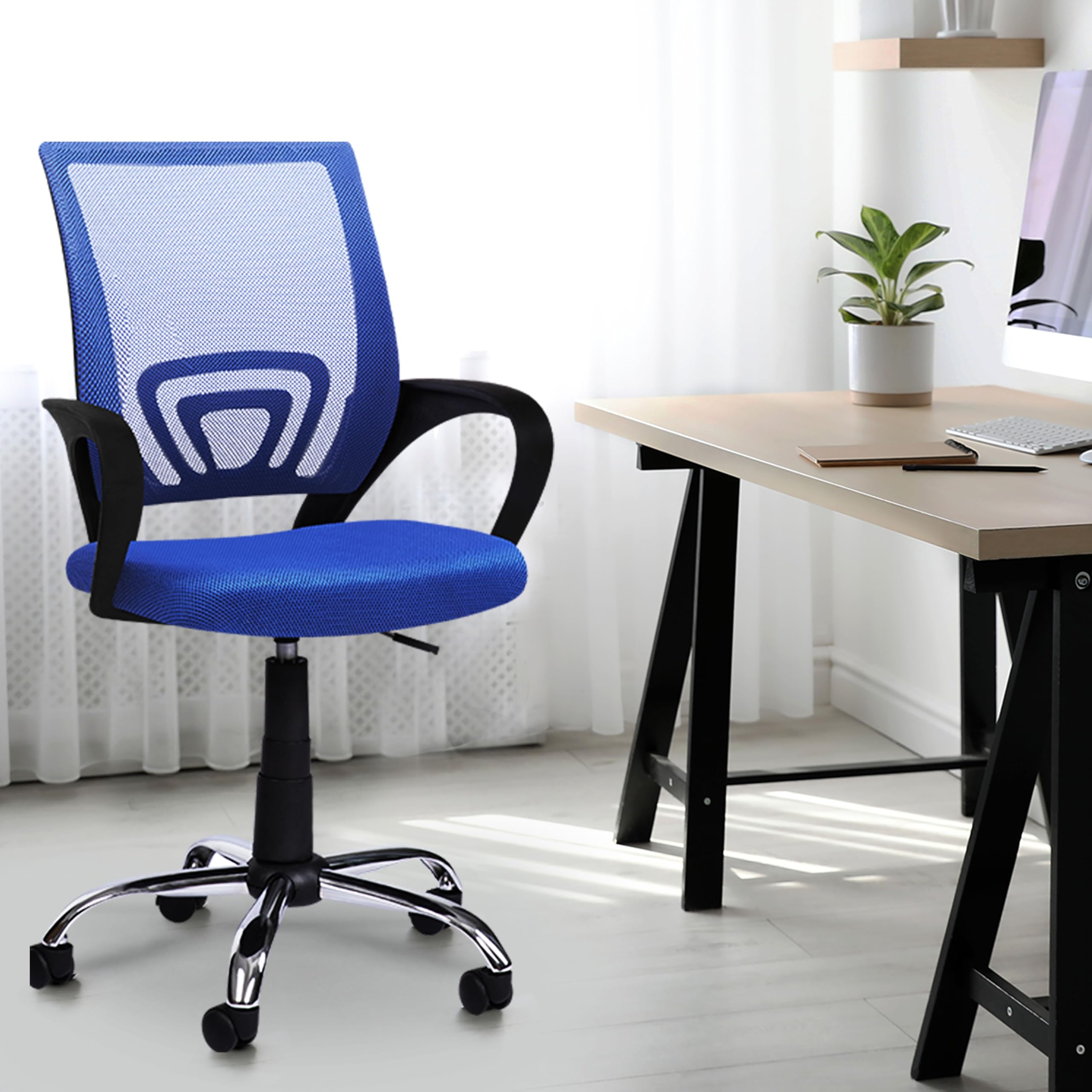 Ergonomic PU Leather Office Desk Chair with Adjustable Lumbar Support - Comfortable Swivel Computer Chair for Home & Office, Rolling Task Chair with Wheels, White & Blue Executive Chair - Perfect for Work, Gaming, and Study Sessions