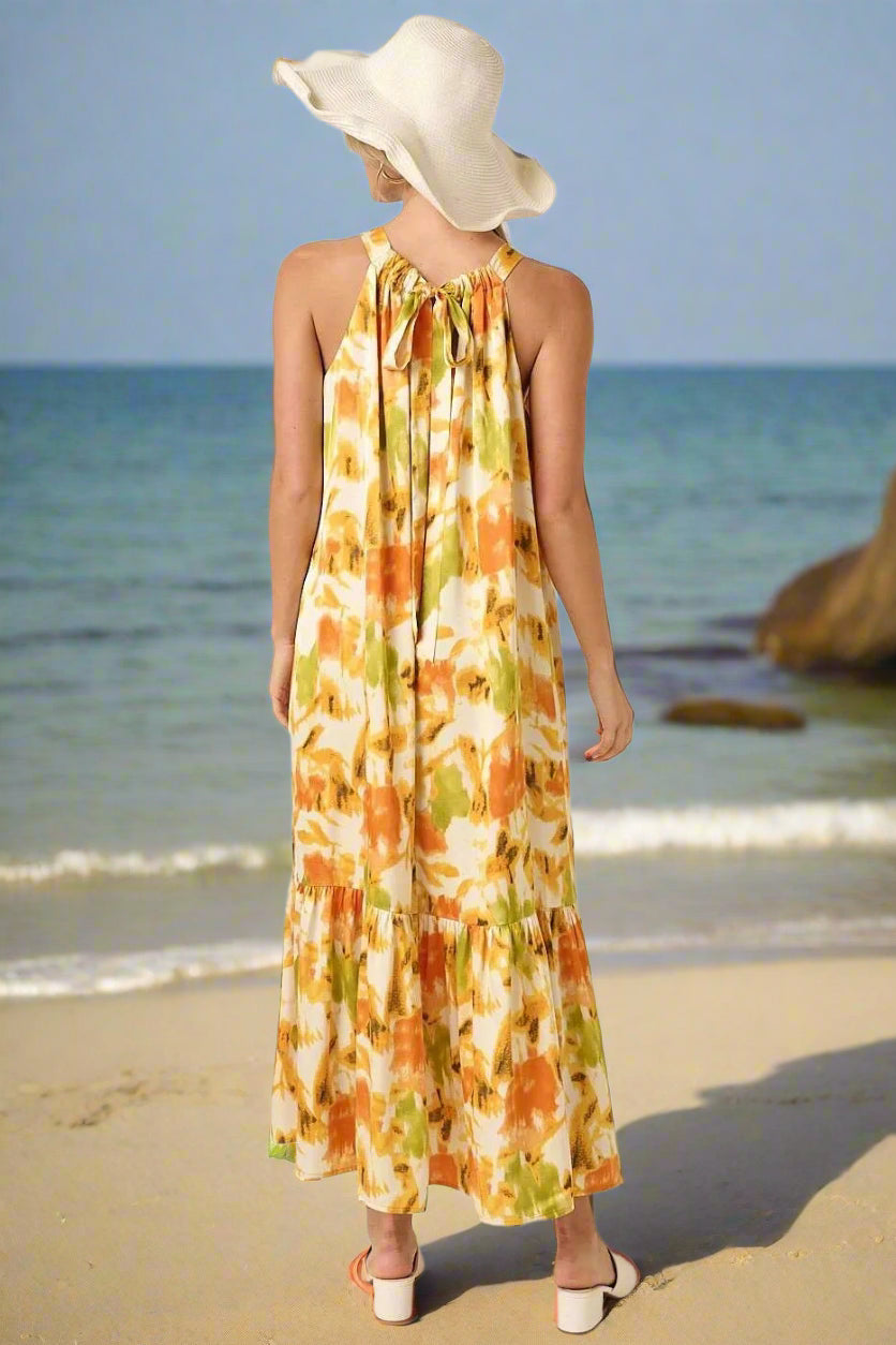 Orange & Yellow Tropical Halter Neck Satin Maxi Dress for Women - Beach Vacation, Summer Party & Resort Wear