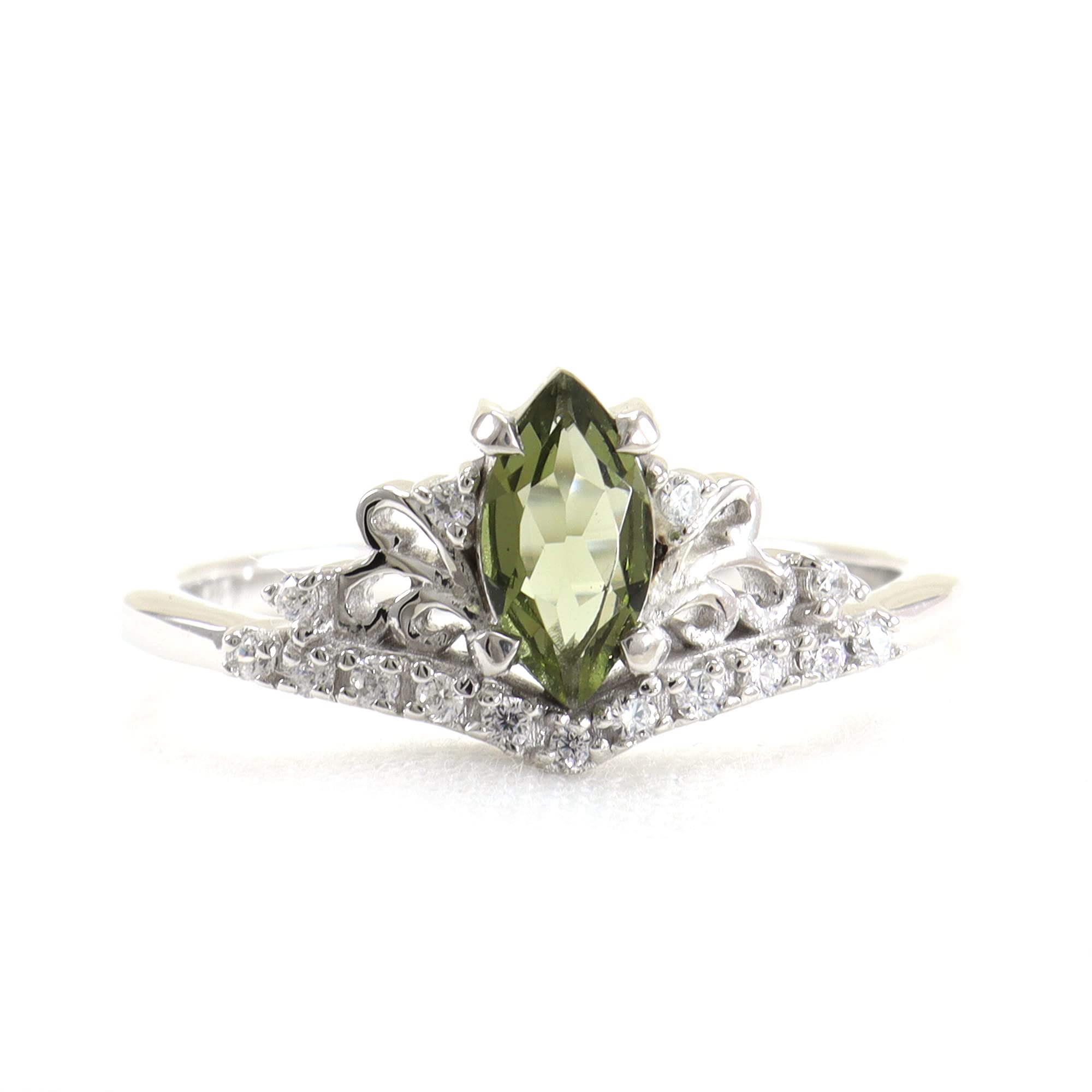 Moldavite Crown Ring for Women - Elegant Silver Filigree Love Ring with Genuine Moldavite Stone - Perfect Gift for Her, Wedding, Anniversary & Special Occasions