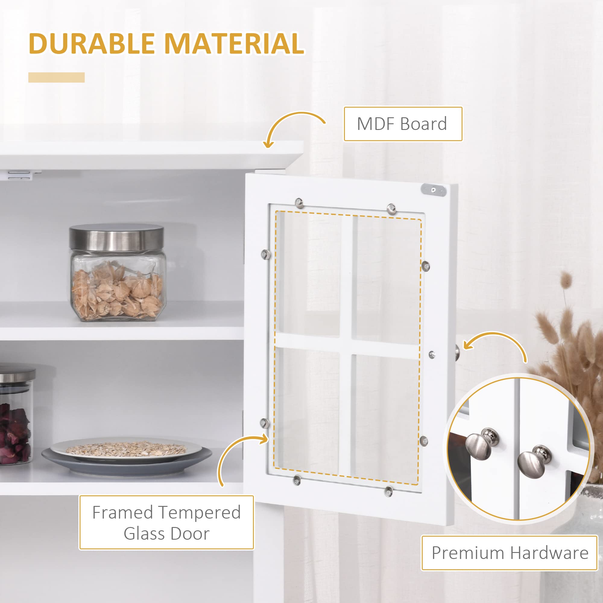HOMCOM Elegant Buffet Hutch with Framed Glass Doors, Kitchen Pantry Storage Cabinet with Drawers & Microwave Space, White - Perfect for Dining Room Organization & Small Kitchen Storage