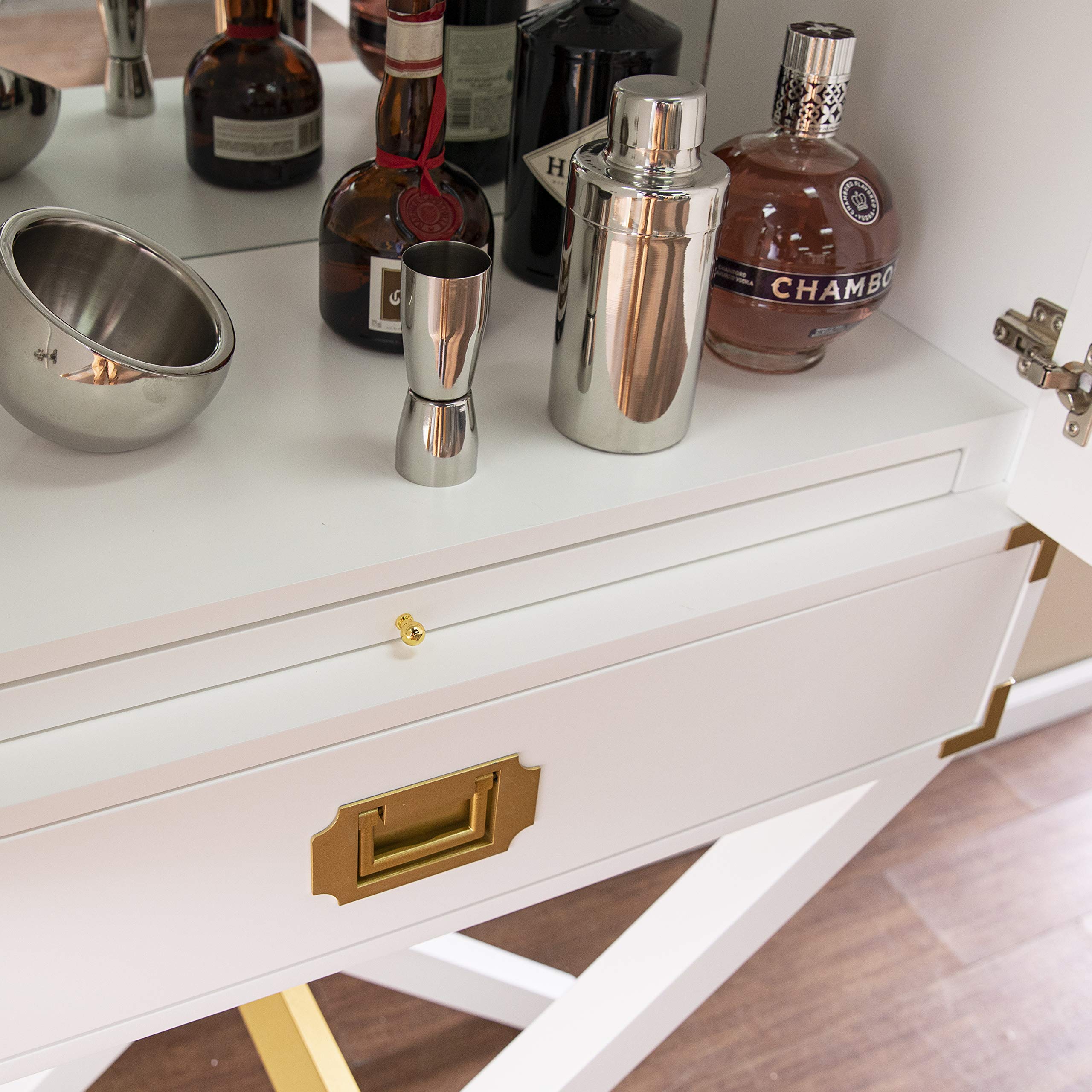 SEI Furniture White Campaign Tall Bar Cabinet with Storage - Modern Home Bar Organizer for Living Room, Dining Room & Kitchen