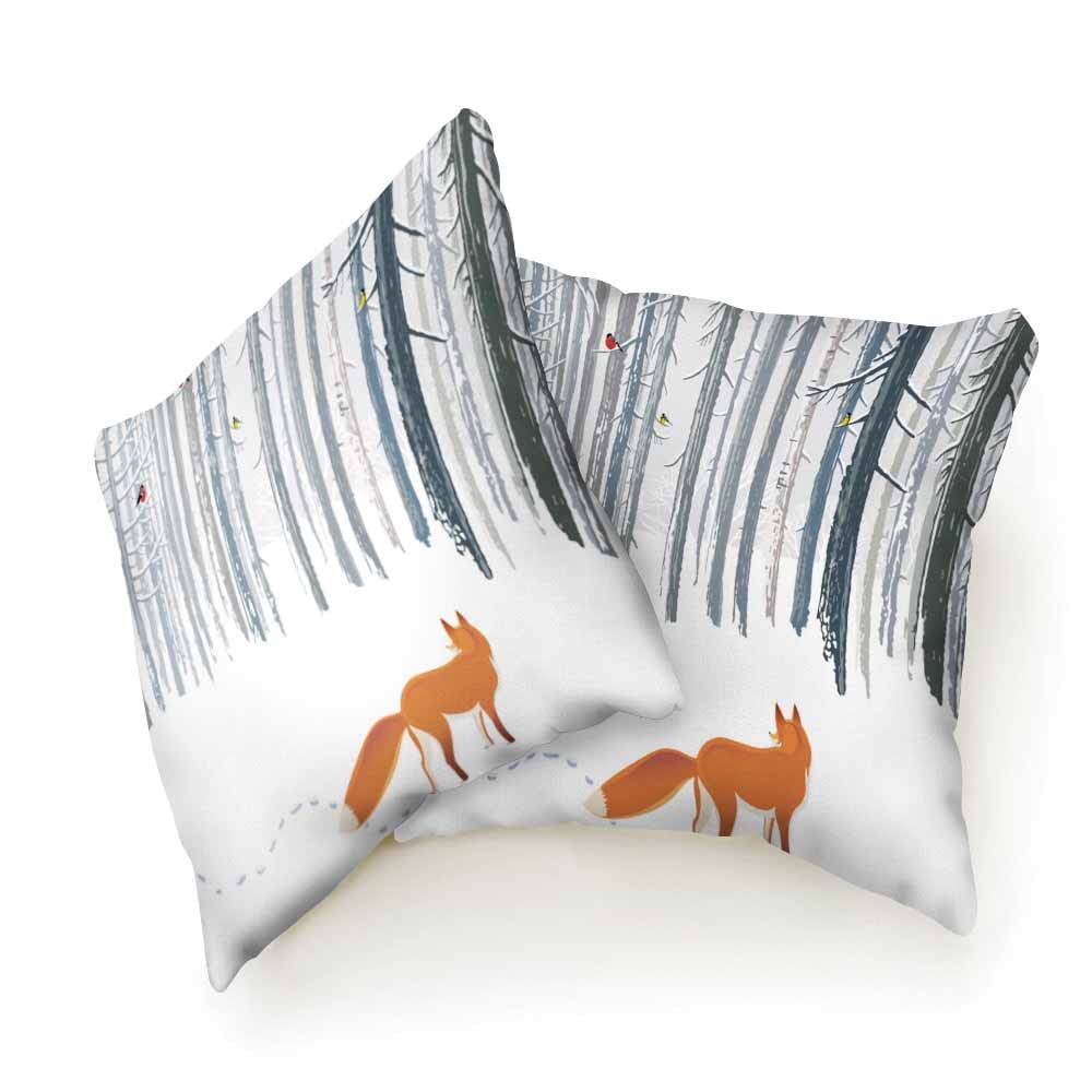Red Fox & Yellow Bird Winter Landscape Throw Pillow Covers - 2 Pack 18x18 Inch Decorative Cushion Covers for Sofa, Couch, Bed | Cozy Home Decor for Living Room, Bedroom & Seasonal Holiday Styling