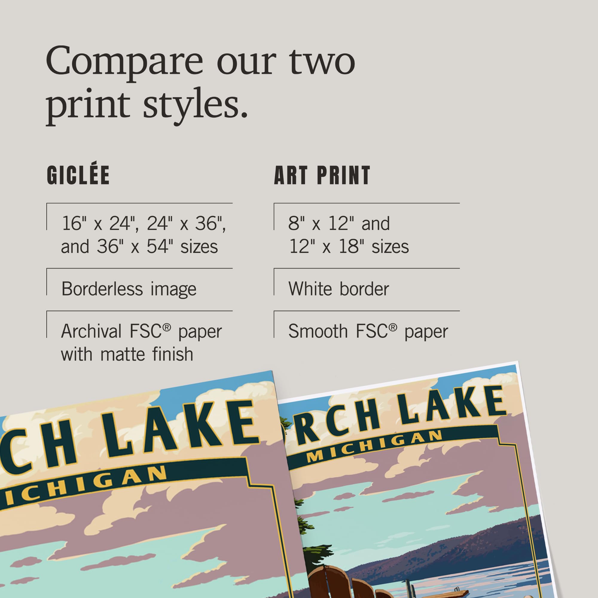 Lantern Press 36x54 Inch Giclee Art Print - Torch Lake Michigan Landscape with Adirondack Chairs - Premium Wall Decor for Living Room, Bedroom & Office