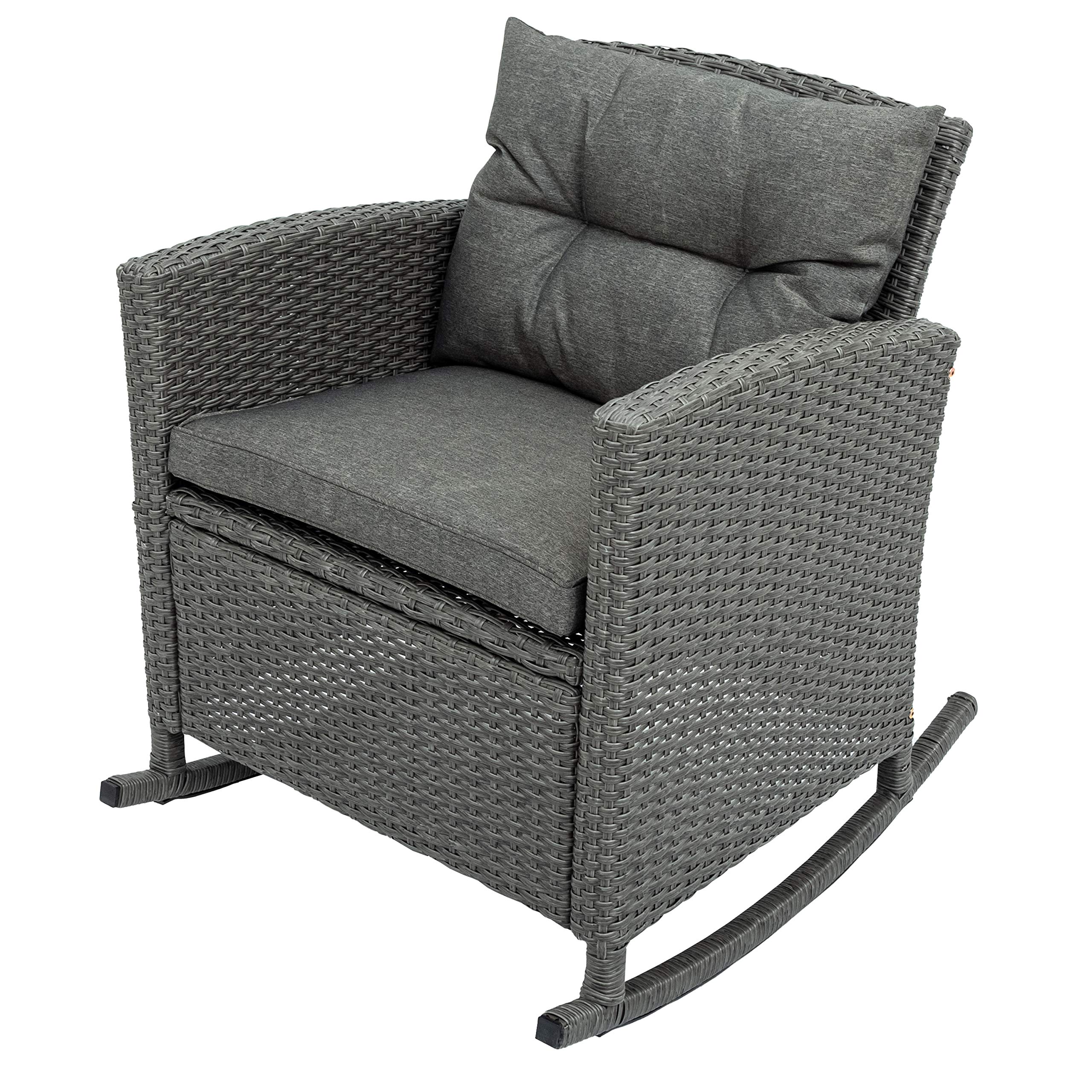 3-Piece Outdoor Wicker Rocking Patio Furniture Set with Cushions & Glass-Top Coffee Table - Gray Rattan Garden Set for Backyard, Balcony, Porch - Perfect for Relaxing, Entertaining & Outdoor Lounging