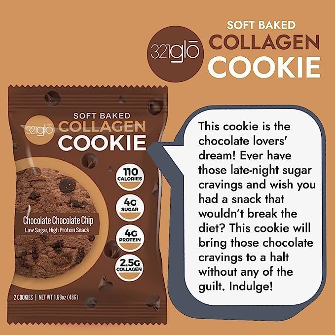 321glo Collagen Cookies - Soft Baked High Protein Low Carb Keto Snacks for Women, Men & Kids | 12 Pack Chocolate Chocolate Chip | Perfect for On-the-Go, Post-Workout & Healthy Dessert