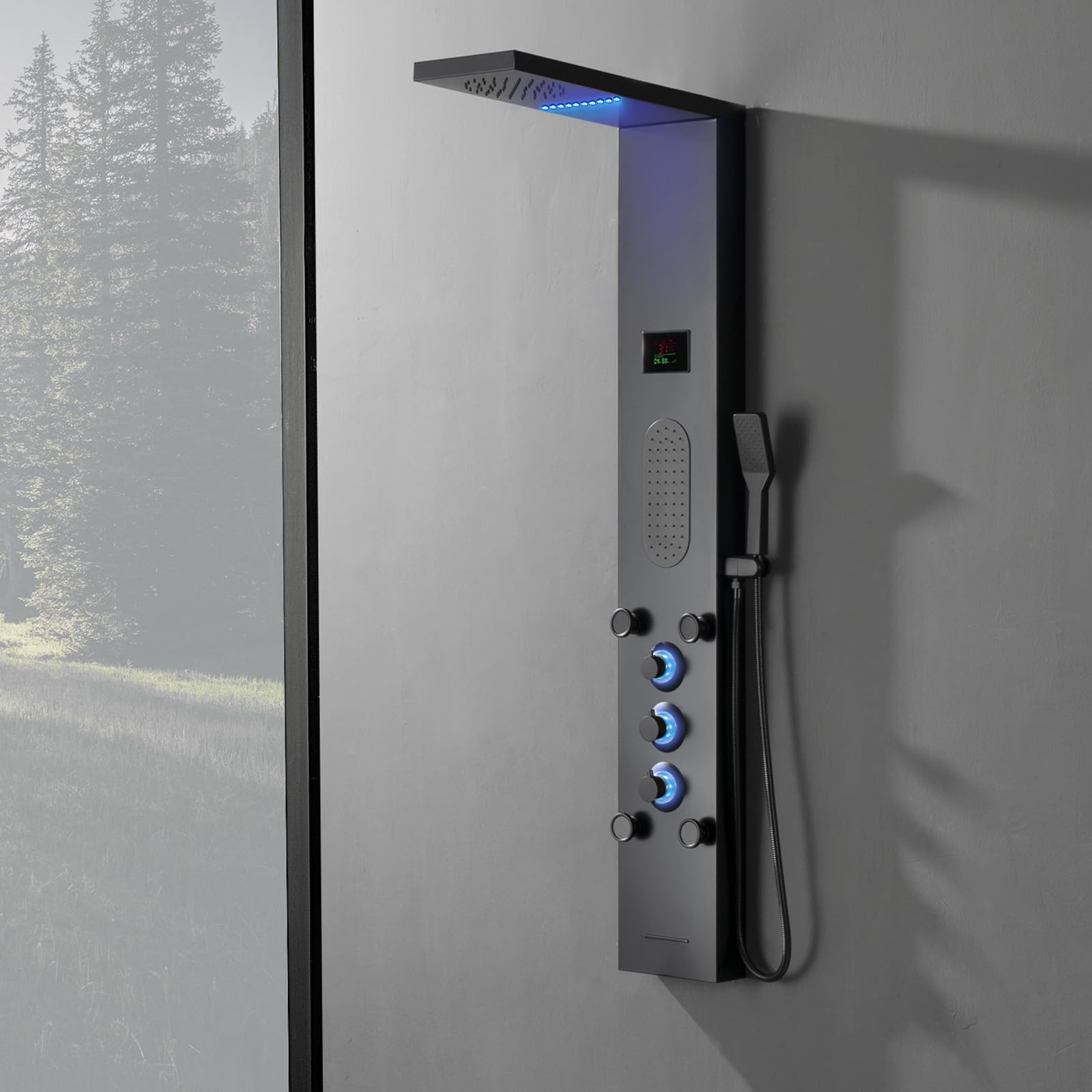BWE LED Shower Panel System - Black Rainfall Shower Tower with Massage Body Jets, Stainless Steel Wall Mounted Shower Fixture with Temperature Display & Tub Spout - Perfect for Spa-Like Bathroom Experience & Modern Home Upgrade