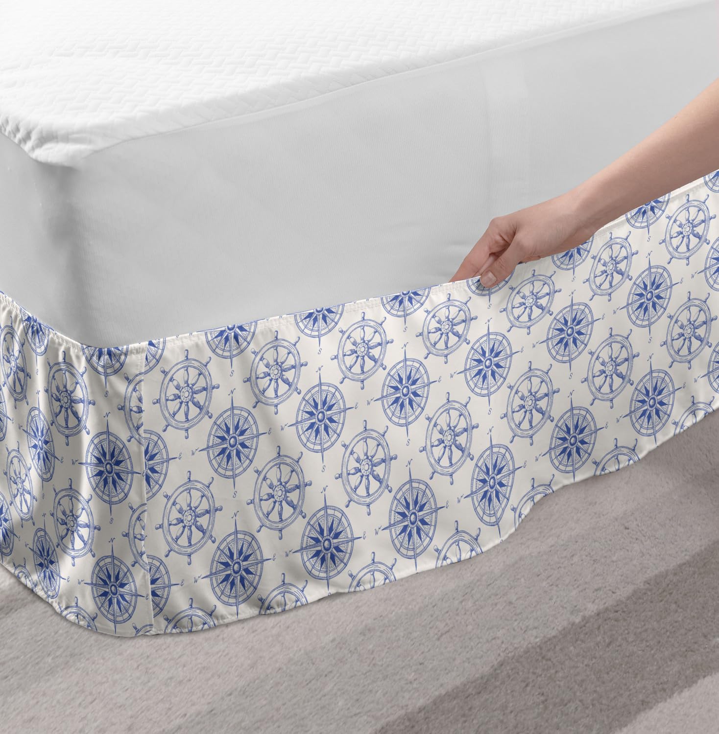 Ambesonne Nautical Elastic Bed Skirt - King Size Blue & White Marine Themed with Hand-Drawn Compass, Ship Wheel & Sailing Motifs | Wrap Around Dust Ruffle for Bedroom Decor | Perfect for Coastal, Beach House or Nautical Theme Bedrooms