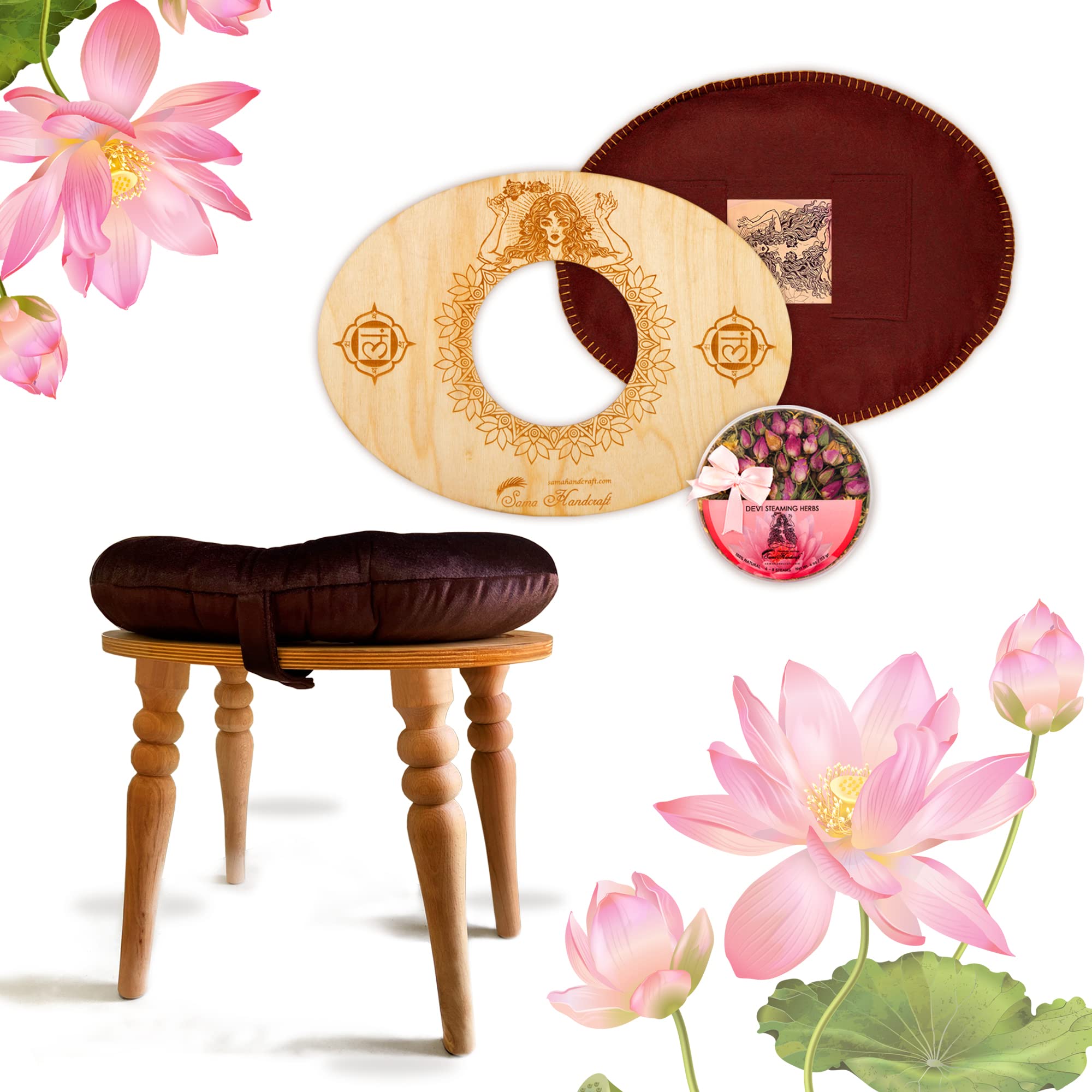 Luxury Yoni Steaming Seat with Engraved Goddess Yoga & Muladhara Designs - Wooden Devi Steam Seat with 4oz Herbs & Cushion (Gold) - Perfect for Holistic Healing, Women's Wellness & Sacred Self-Care Rituals