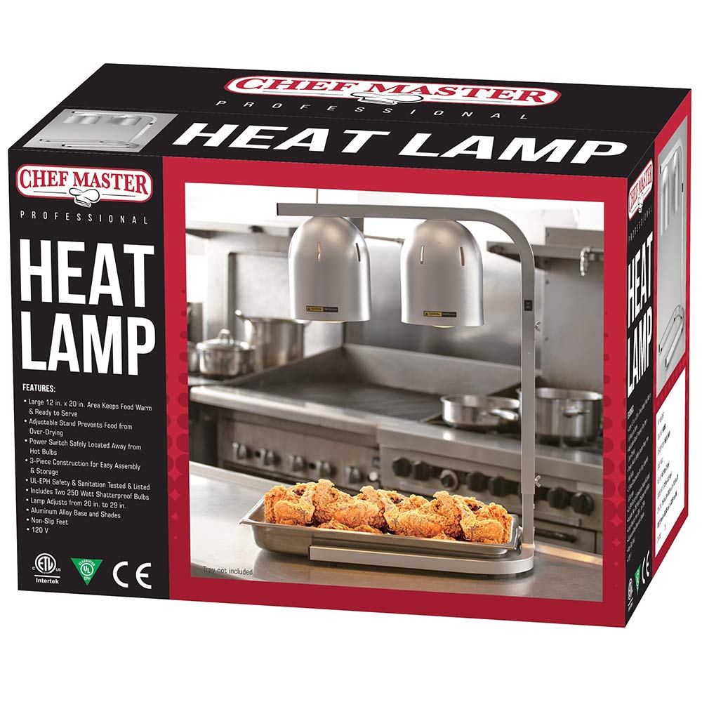 Chef Master 90050 Professional Freestanding Heat Lamp & Food Warmer - 12x20 Inch Large Size, 2 Bulb Silver Design for Restaurants, Buffets & Catering Events - Perfect for Keeping Food Warm at Parties, Banquets and Commercial Kitchens