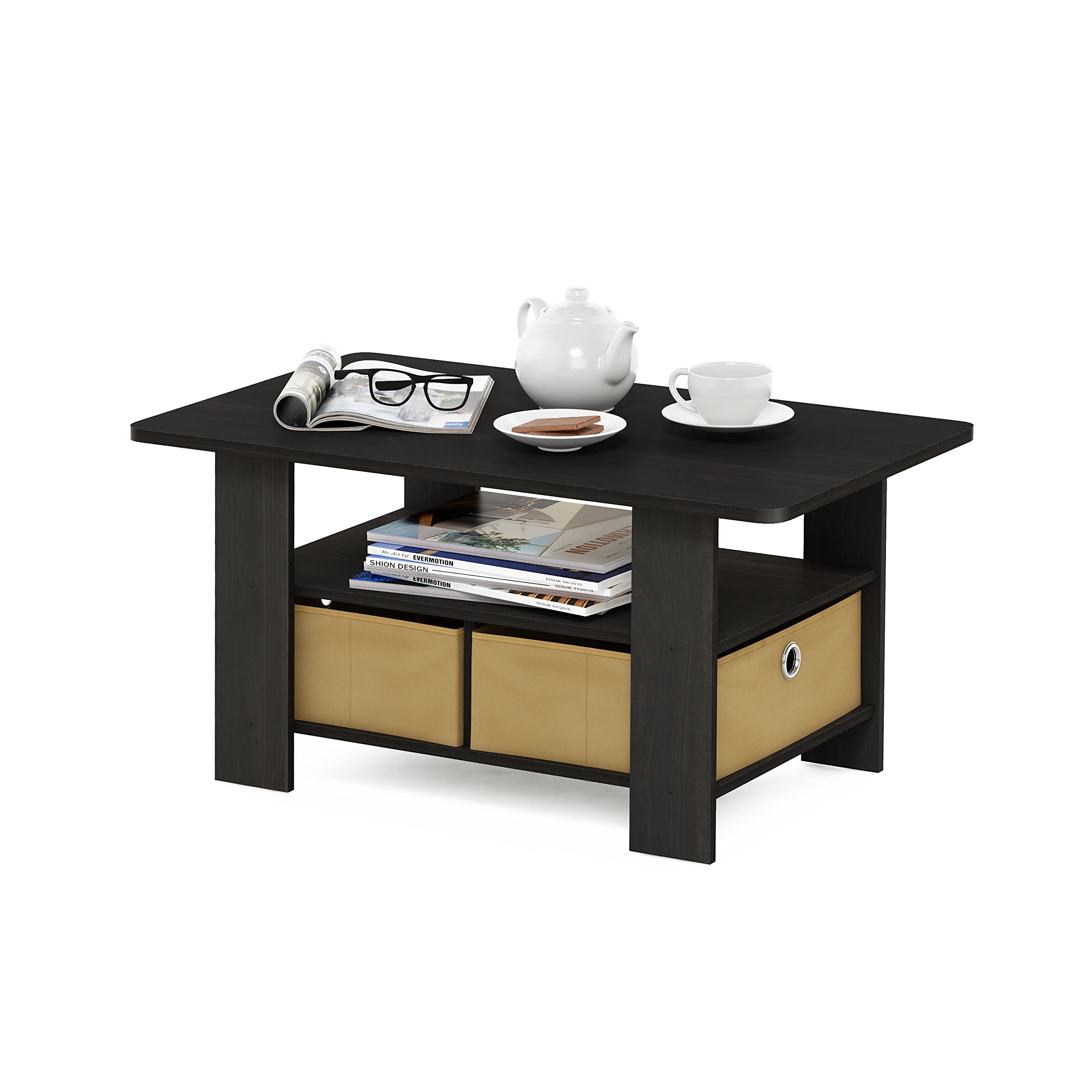 Furinno Andrey Coffee Table with Storage Bin Drawer - Dark Espresso/Brown Finish - Perfect for Living Room, Dorm & Small Spaces