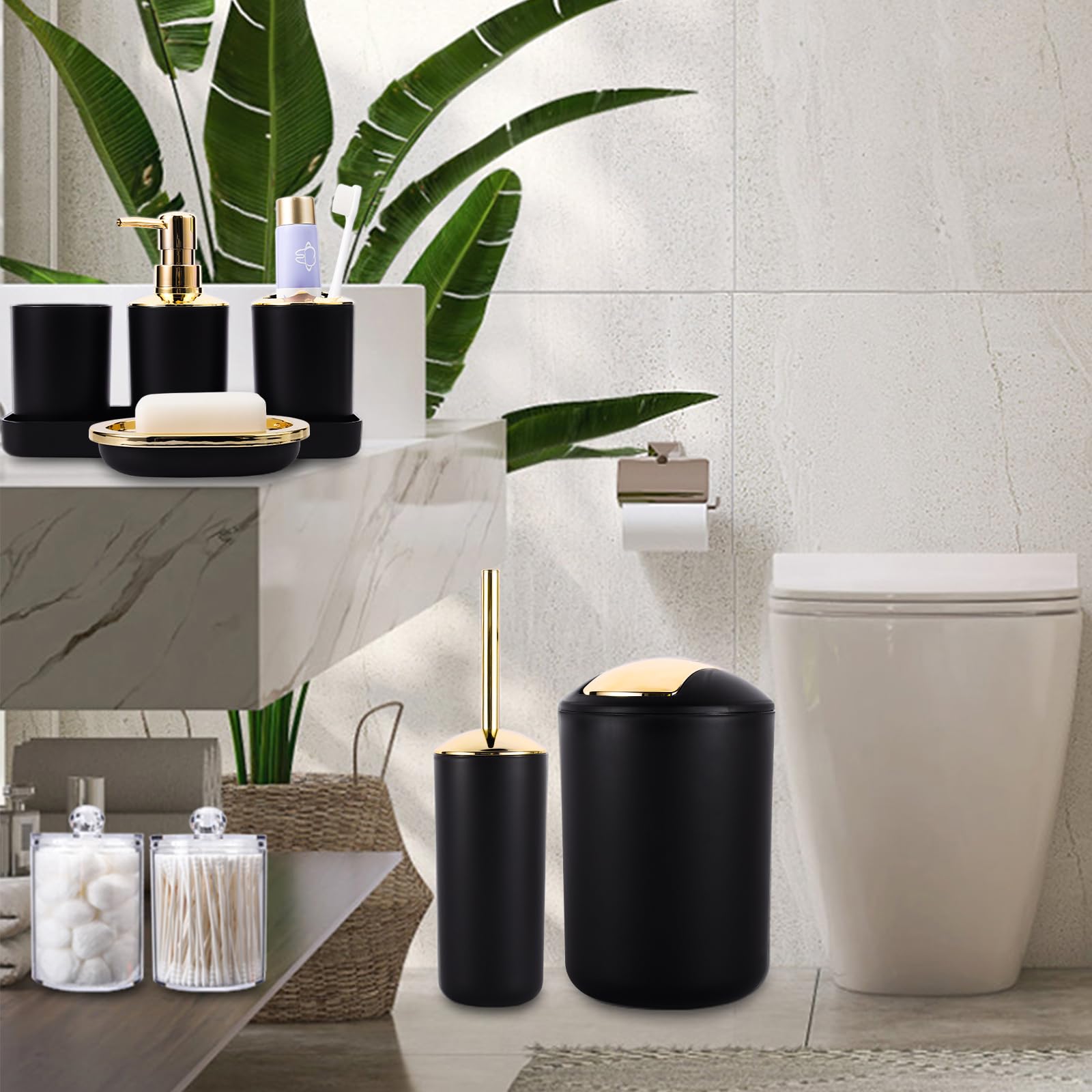 Premium 9-Piece Black & Gold Bathroom Accessories Set - Modern Soap Dispenser, Toothbrush Holder, Toilet Brush with Stand, Waste Bin, Soap Dish, Tumbler & Organizer Tray | Luxury Spa-Style Vanity Decor for Master Bath, Guest Bath & Powder Room