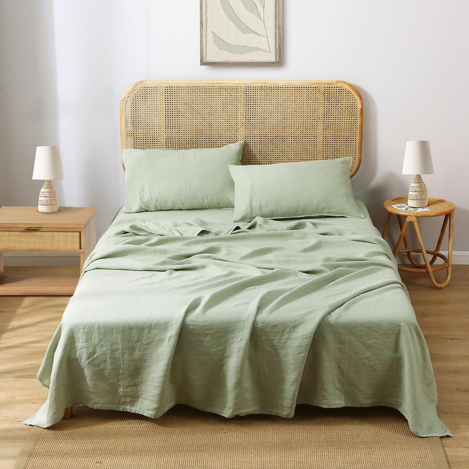 100% Organic French Natural Linen Bed Sheets Set - Stone Washed 3-Piece Ultra Soft & Breathable Luxury Bedding (Light Green, Twin Size) | Eco-Friendly Home Decor for Master Bedroom, Guest Room & Vacation Homes