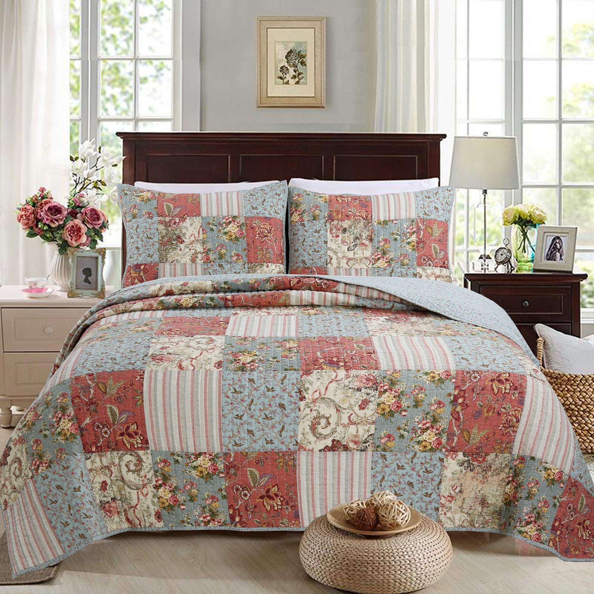 Reversible Patchwork Contemporary 3-Piece Quilt Set - 100% Cotton Multicolor Bedding for Full/Queen Size Bed | Perfect for Cozy Bedrooms, Guest Rooms & Boho Chic Decor