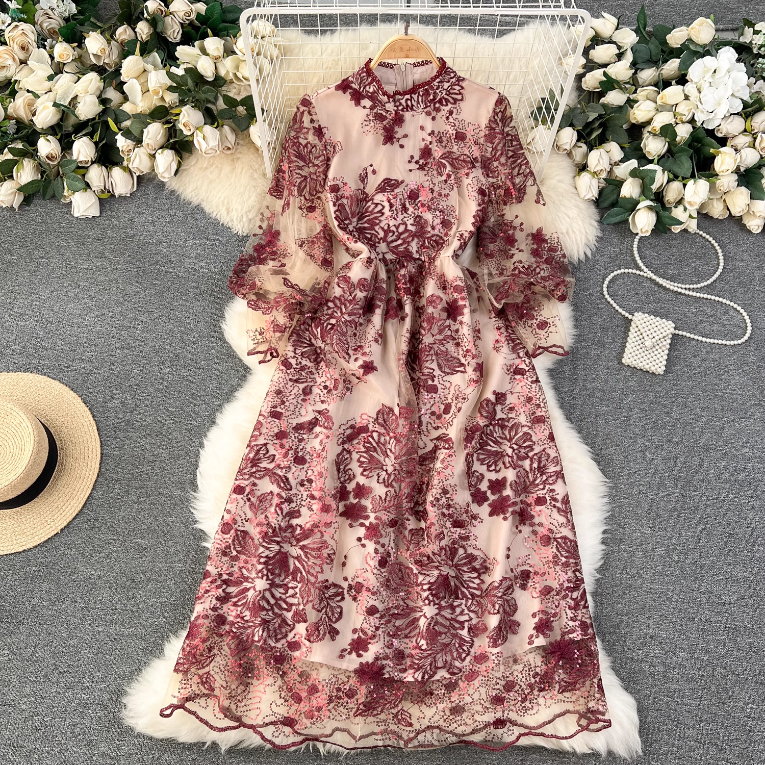 Elegant Embroidered Mesh Long Sleeve Dress for Women | Fall Fashion Party Wear | Perfect for Weddings, Evening Events & Special Occasions