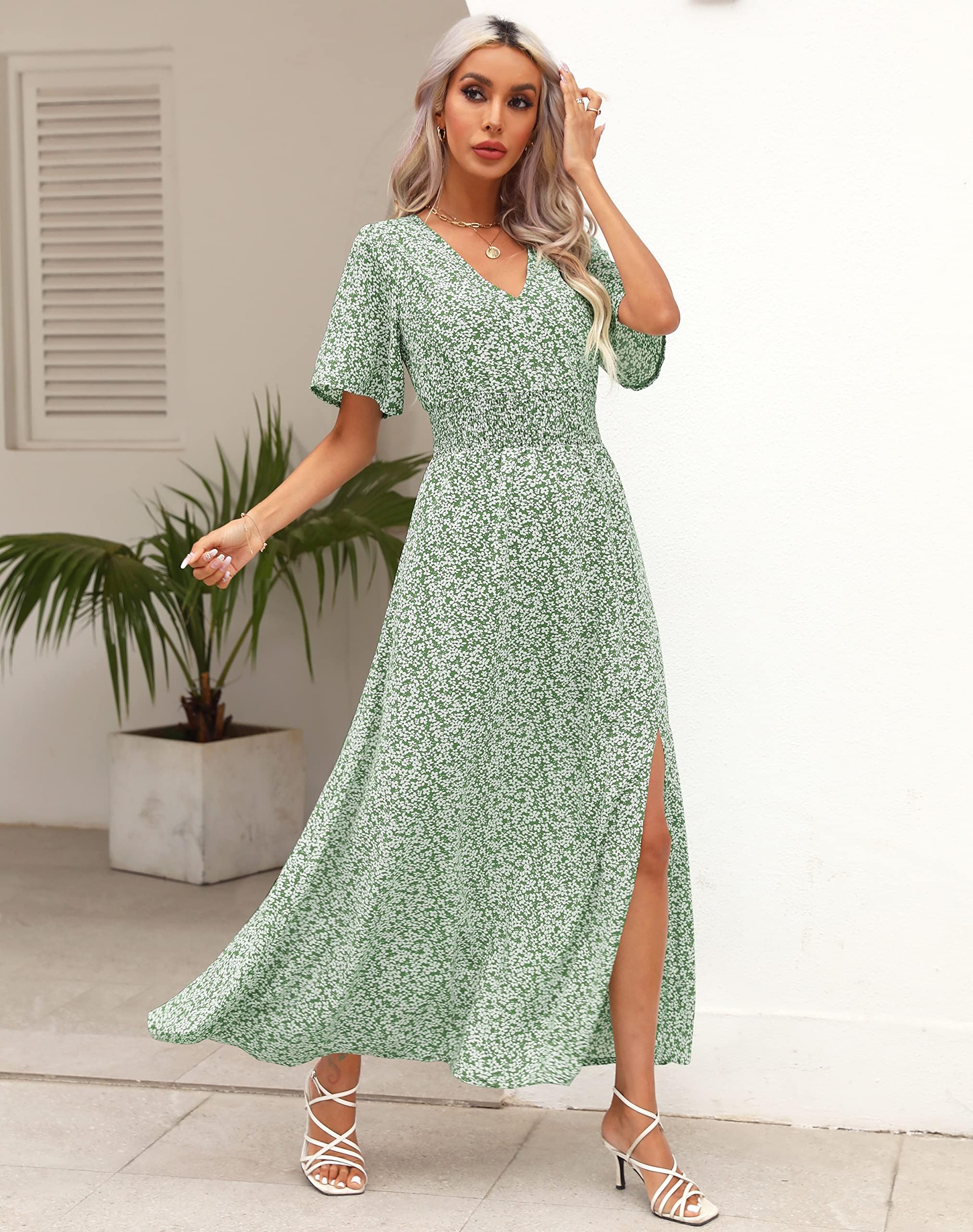 Kranda Women's Floral V-Neck High Waist Boho Maxi Dress - Summer Spring Casual Long Swing Dress with Slit & Short Sleeves - Perfect for Beach Vacations, Date Nights & Boho Fashion