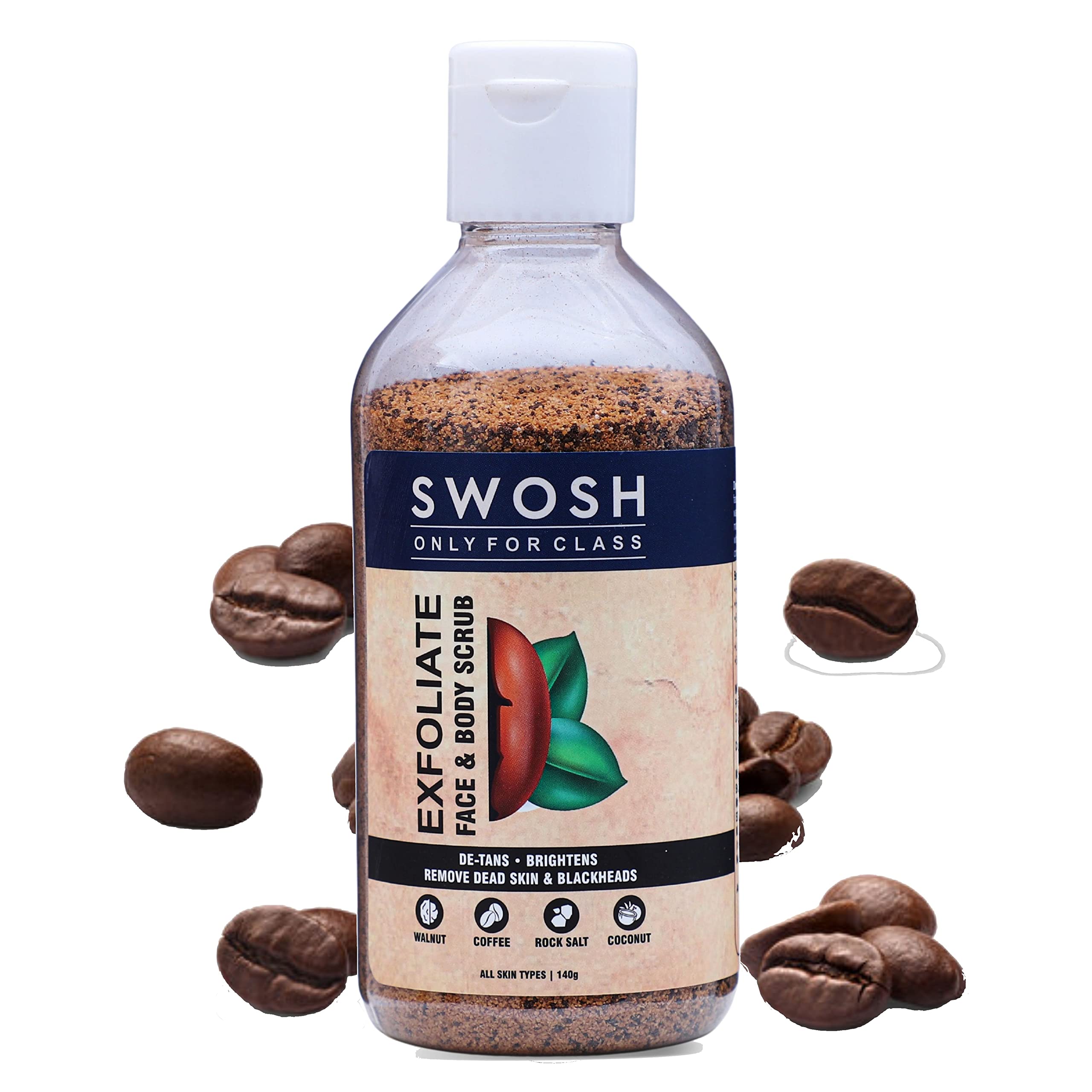 SWOSH Coffee Body Scrub for Women & Men - 140g Exfoliating Tan Remover for Face, Neck, Arms, Legs & Feet with Walnut, Rock Salt & Coconut Oil - Skin Brightening & Polishing Scrub for Spa Day & At-Home Skincare Routine