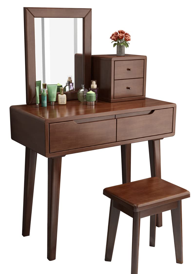 Solid Wood Makeup Vanity Table Set with Square Mirror, 2 Storage Drawers & Bench - No LED Lights - Brown Dressing Table for Bedroom Decor | Perfect for Applying Makeup, Skincare Routine & Home Organization