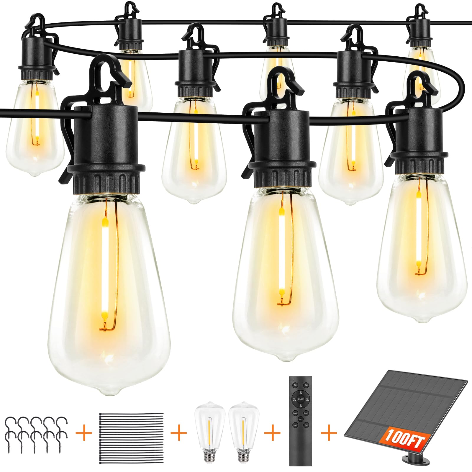 Solar Powered Outdoor String Lights 100FT Waterproof - 52 LED Shatterproof Vintage Edison Bulbs with Remote Control, 3 Lighting Modes & Dimmable Timer - Perfect for Backyard, Garden, Patio, Wedding and Party Decorations