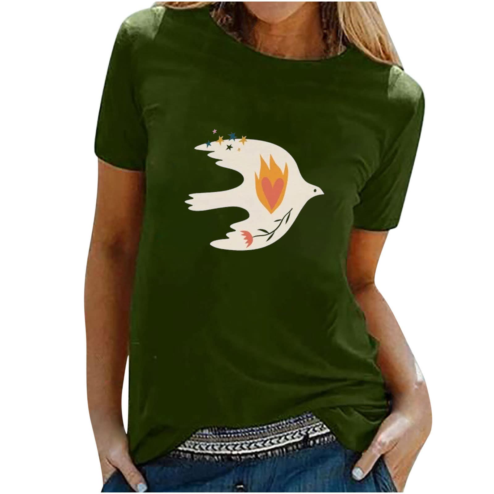 Women's Summer Short Sleeve Pigeon Graphic Crewneck T-Shirt - Casual Loose Fit Solid Color Basic Blouse for Everyday Wear & Summer Outfits