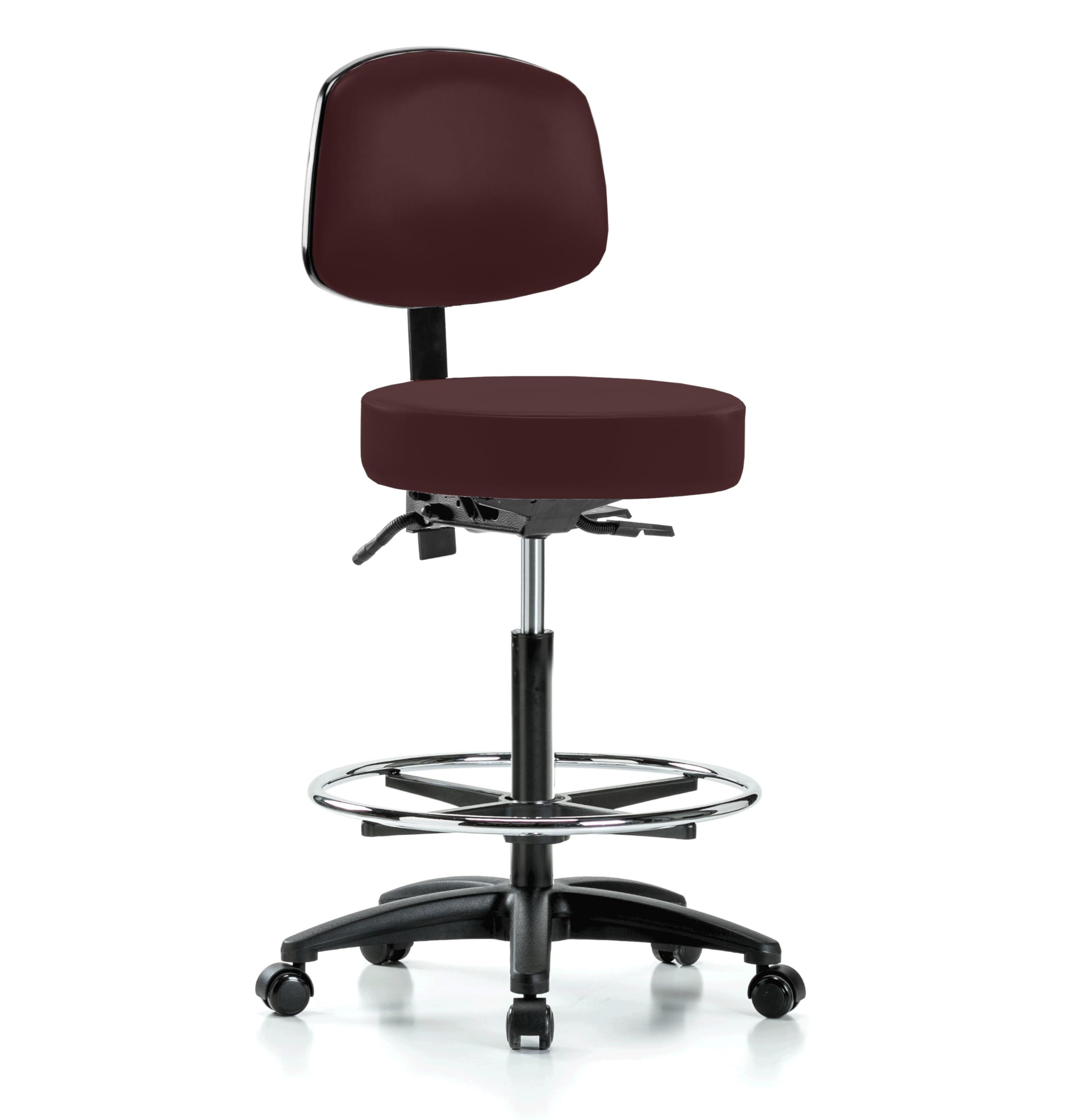 Walter Adjustable Rolling Doctor Stool with Backrest & Foot Ring - 300 lb Capacity, Burgundy Vinyl - Perfect for Medical Offices, Labs & Home Workspaces